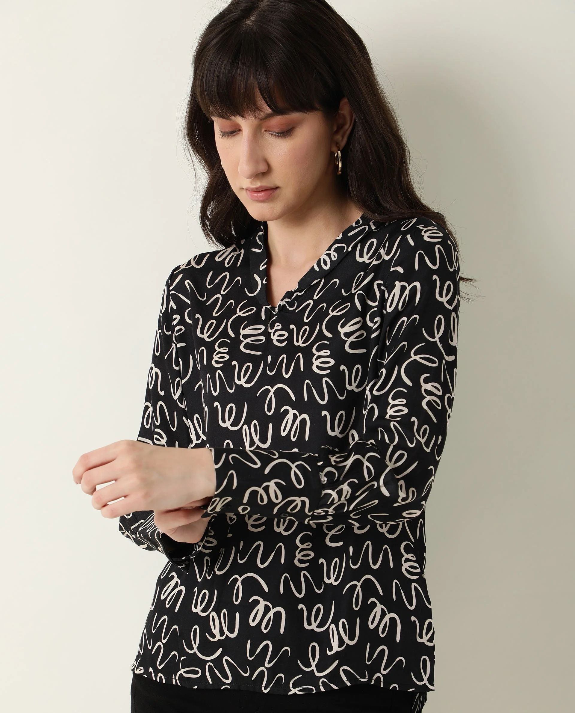 Rareism Womens Zesh Black Top Modal Satin Fabric Regular Fit Full Sleeve High Neck - Image 17