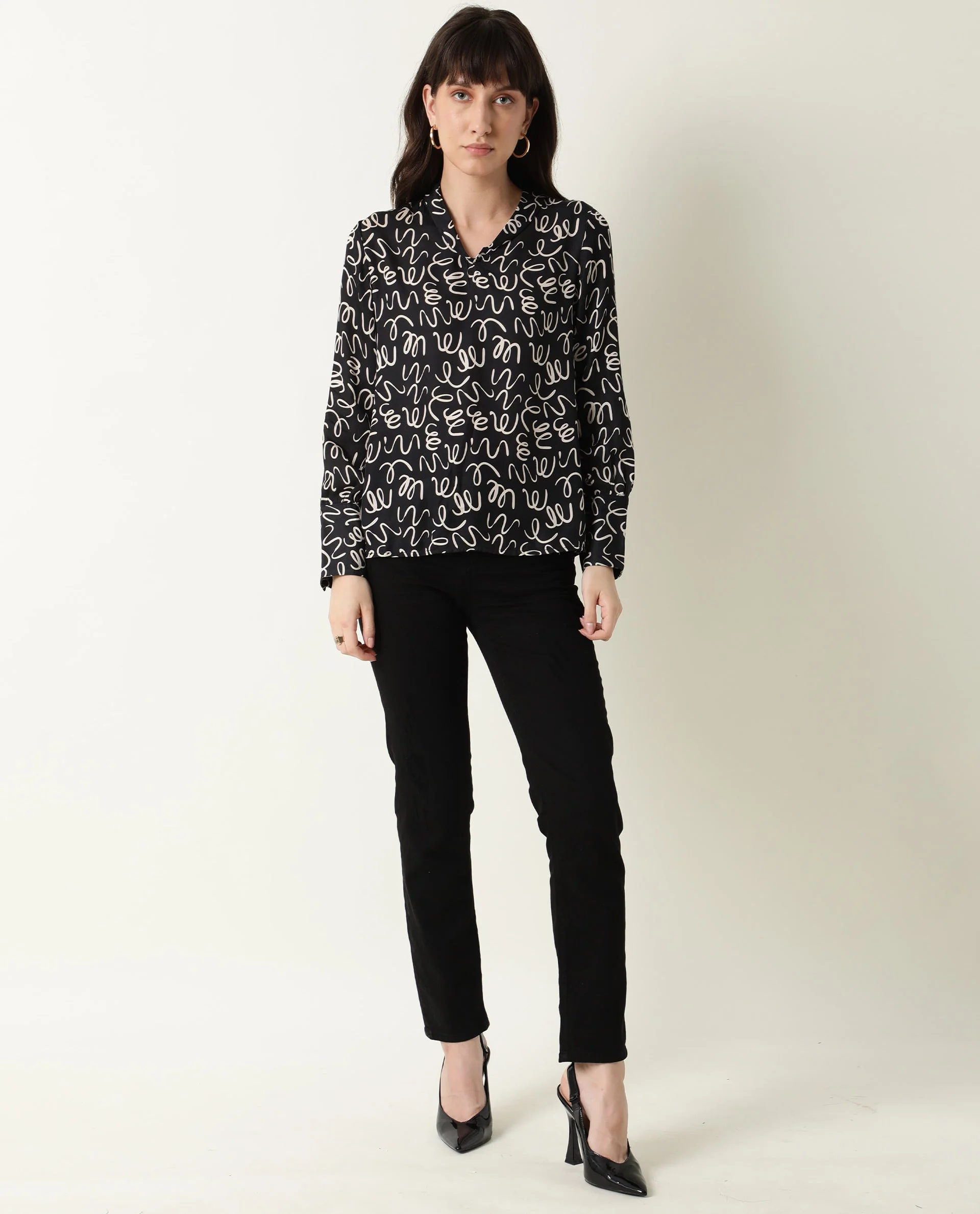 Rareism Womens Zesh Black Top Modal Satin Fabric Regular Fit Full Sleeve High Neck - Image 2