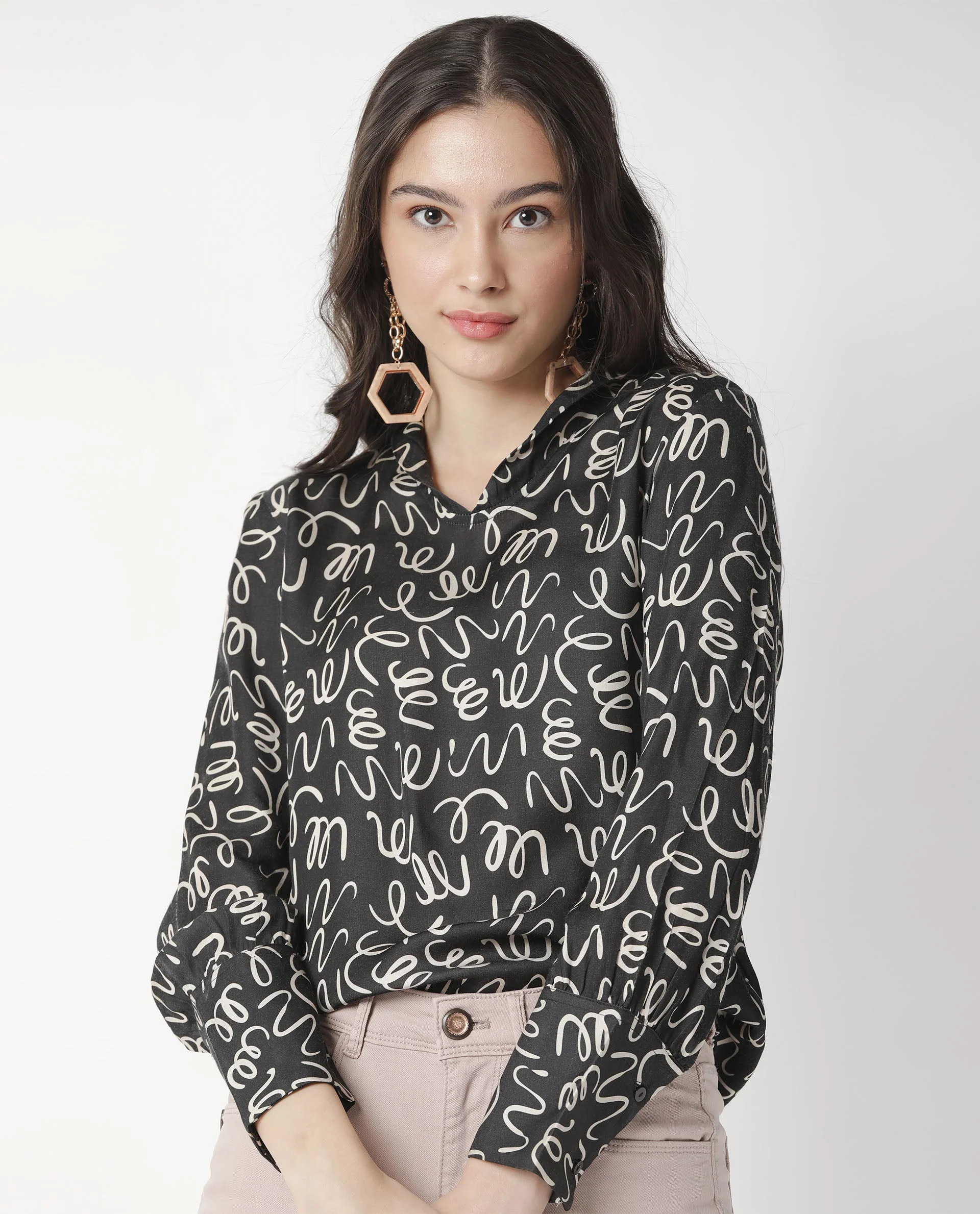 Rareism Womens Zesh Black Top Modal Satin Fabric Regular Fit Full Sleeve High Neck - Image 3