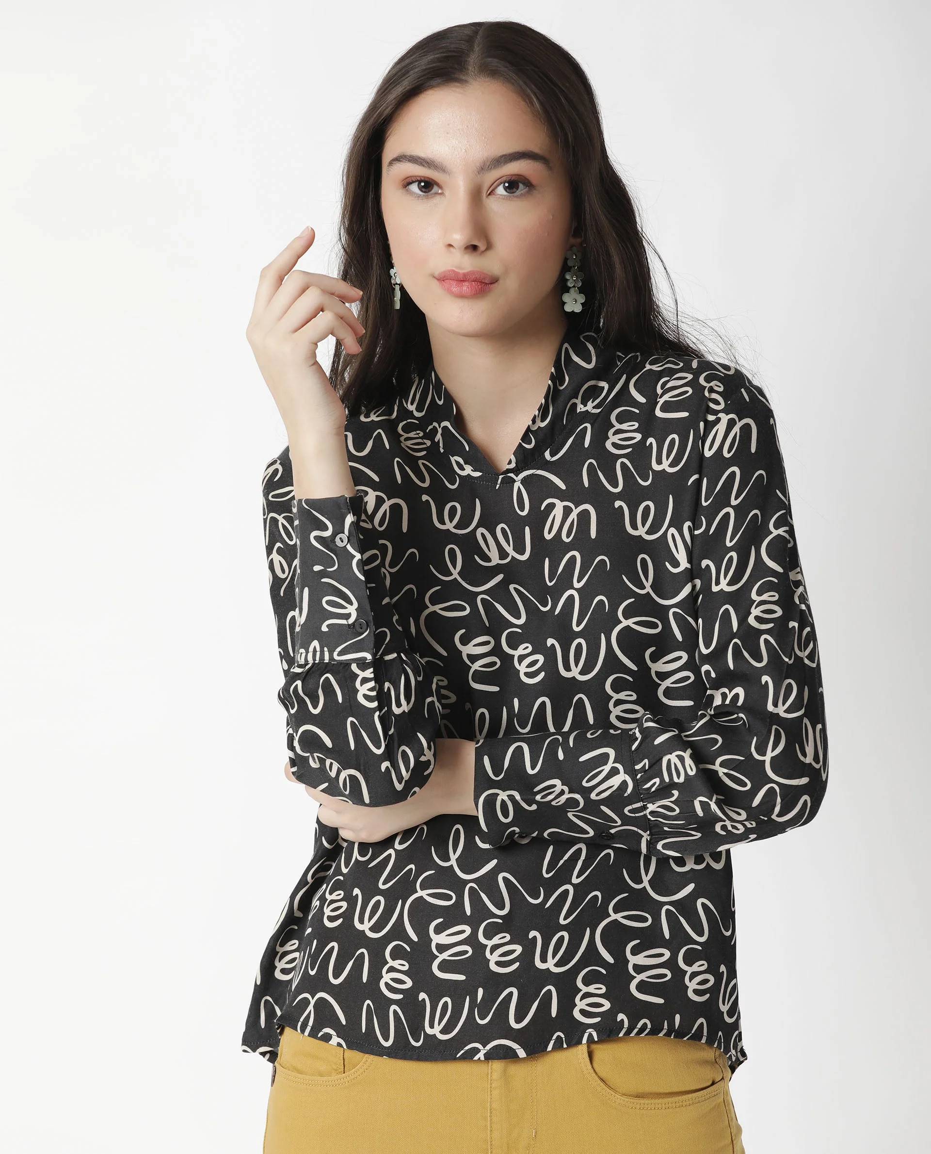 Rareism Womens Zesh Black Top Modal Satin Fabric Regular Fit Full Sleeve High Neck - Image 4