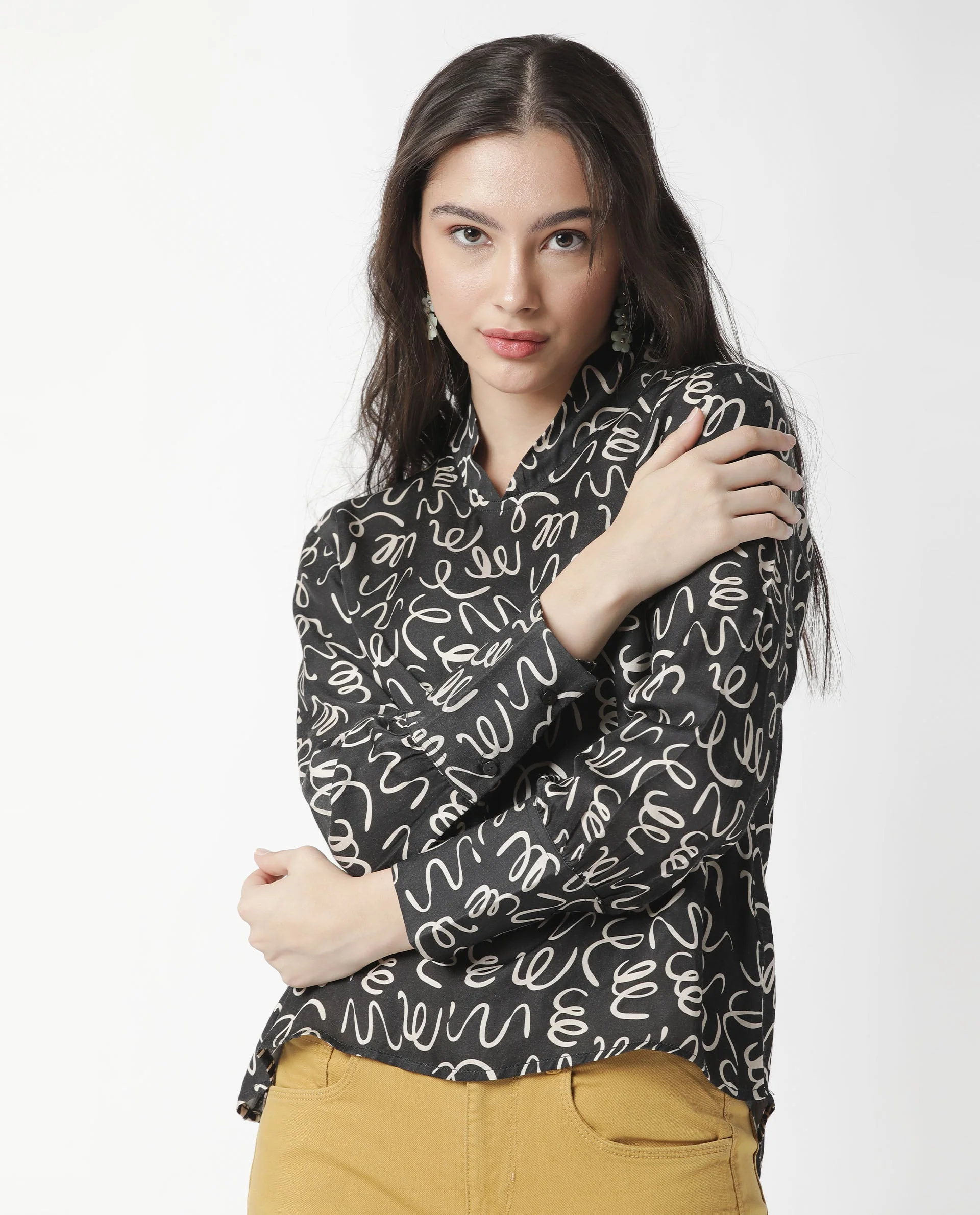 Rareism Womens Zesh Black Top Modal Satin Fabric Regular Fit Full Sleeve High Neck - Image 8
