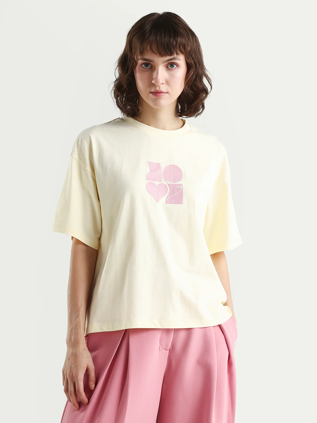 Rareism Women's Zesley Light Yellow Cotton Half Sleeve Boxy Typography Print T-Shirt - Image 3