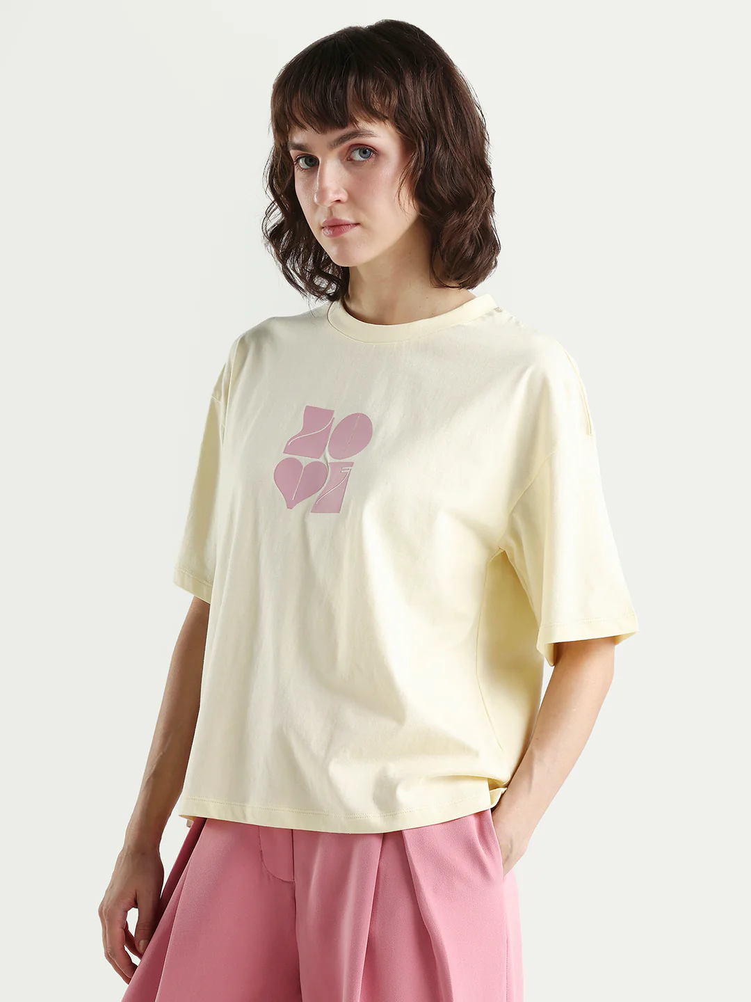 Rareism Women's Zesley Light Yellow Cotton Half Sleeve Boxy Typography Print T-Shirt - Image 5