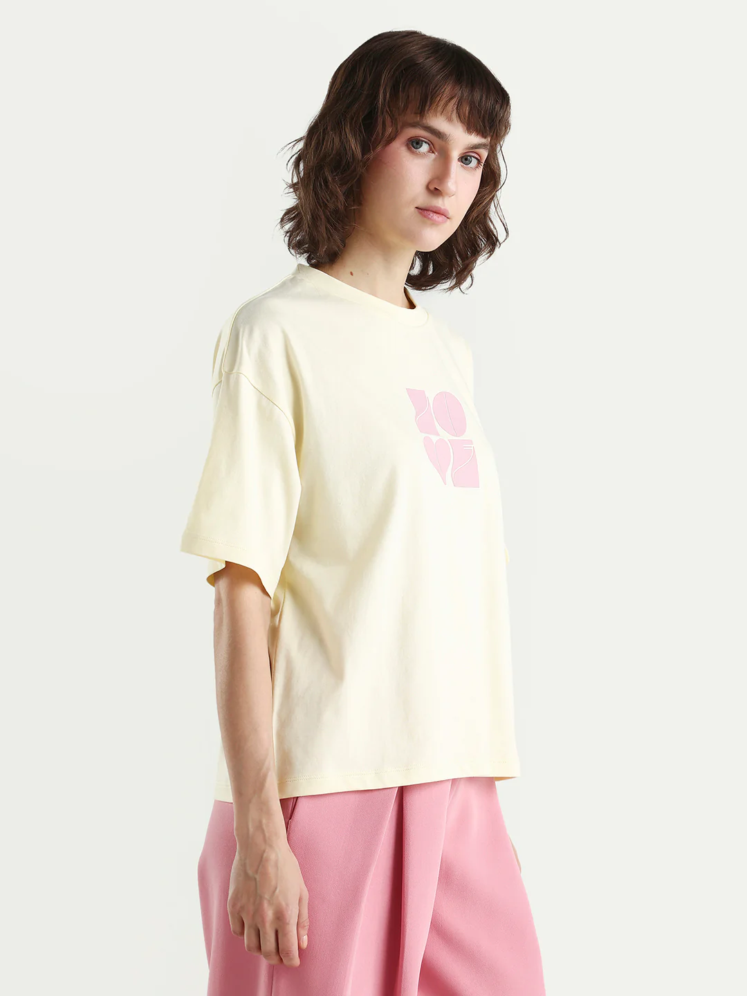 Rareism Women's Zesley Light Yellow Cotton Half Sleeve Boxy Typography Print T-Shirt - Image 6