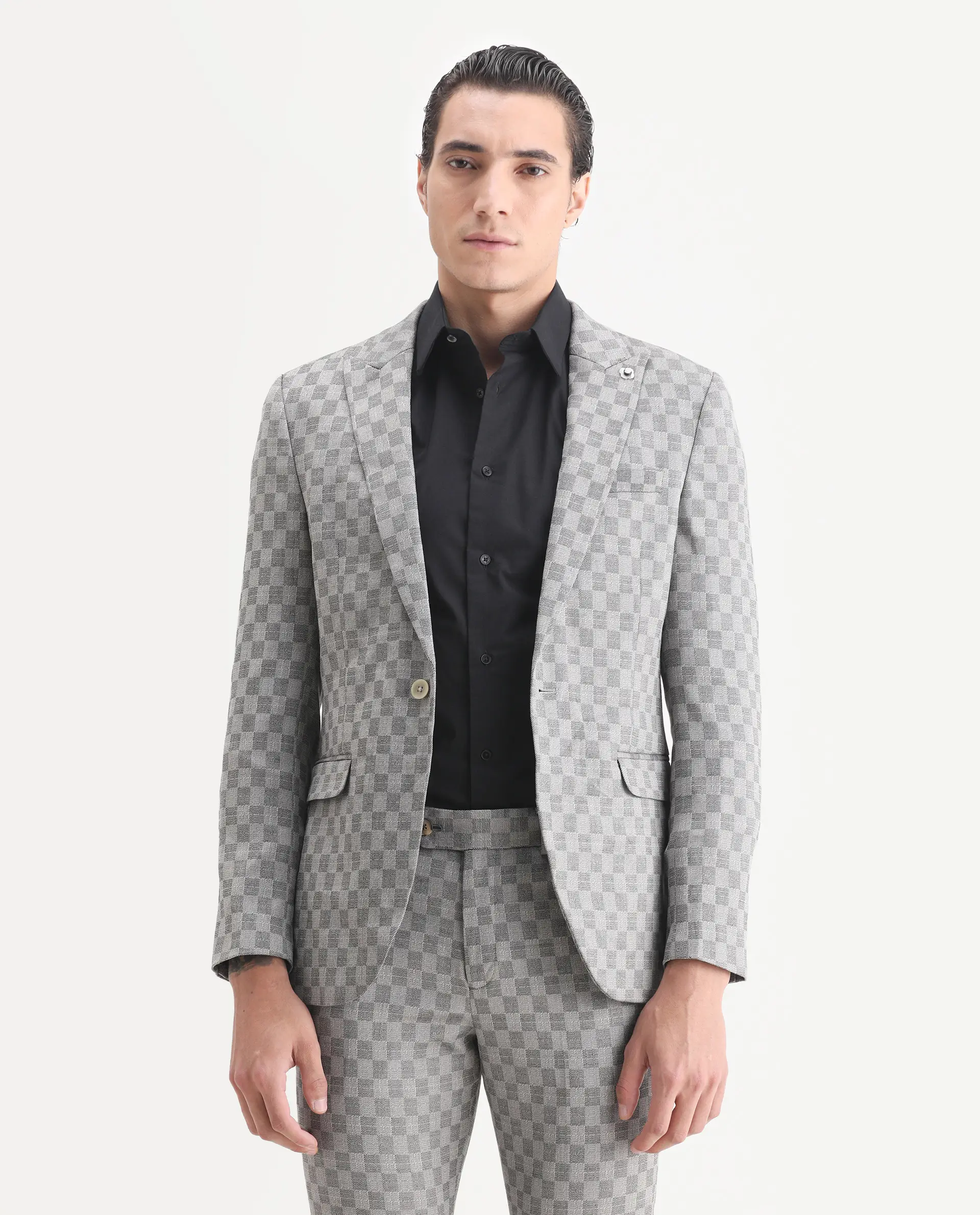 Rare Rabbit Men's Zeta Grey Viscose Jacquard Tailored Fit Full Sleeve Lapel Neck Suits - Image 4