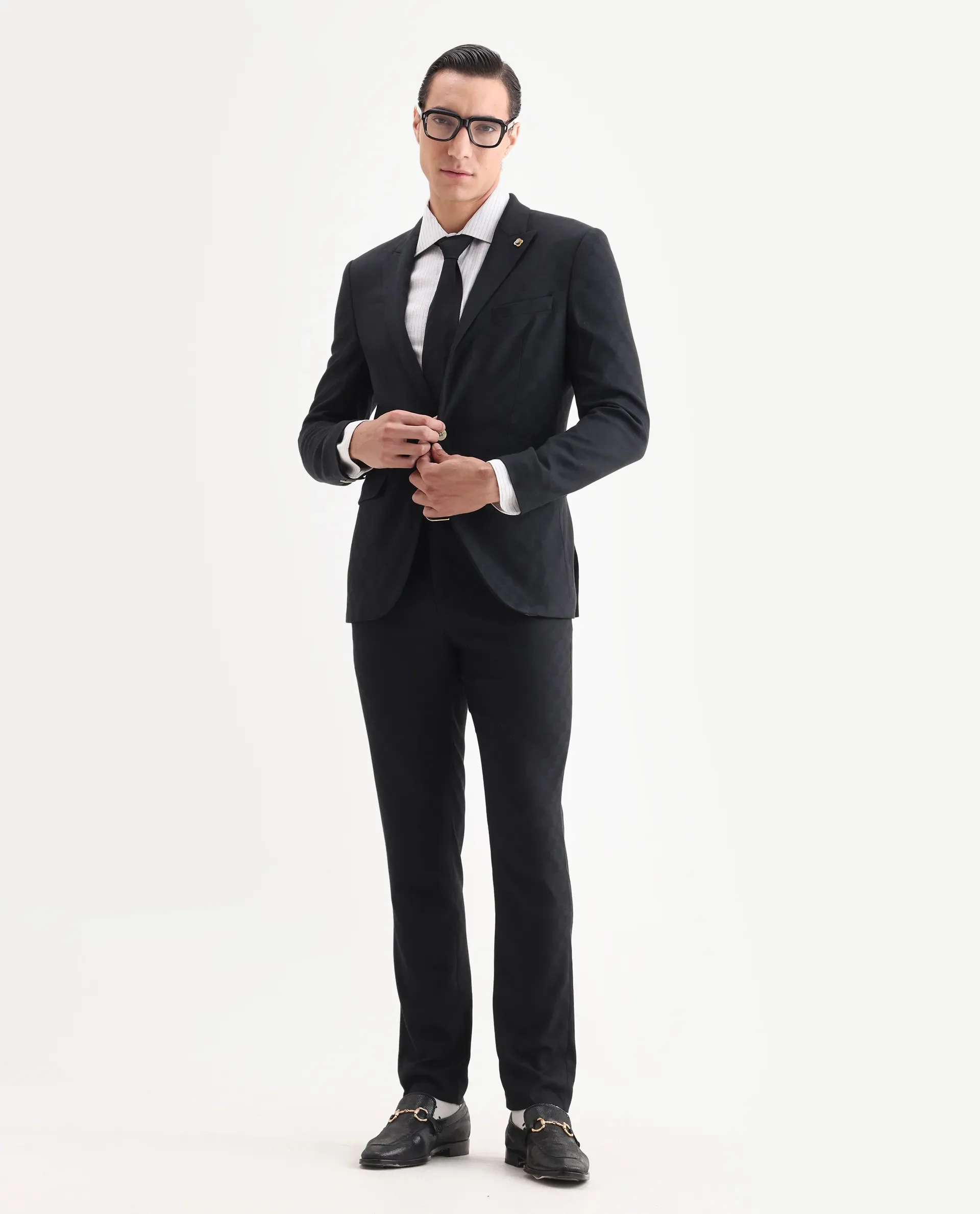 Rare Rabbit Men's Zeta Navy Viscose Jacquard Tailored Fit Full Sleeve Lapel Neck Suits - Image 5