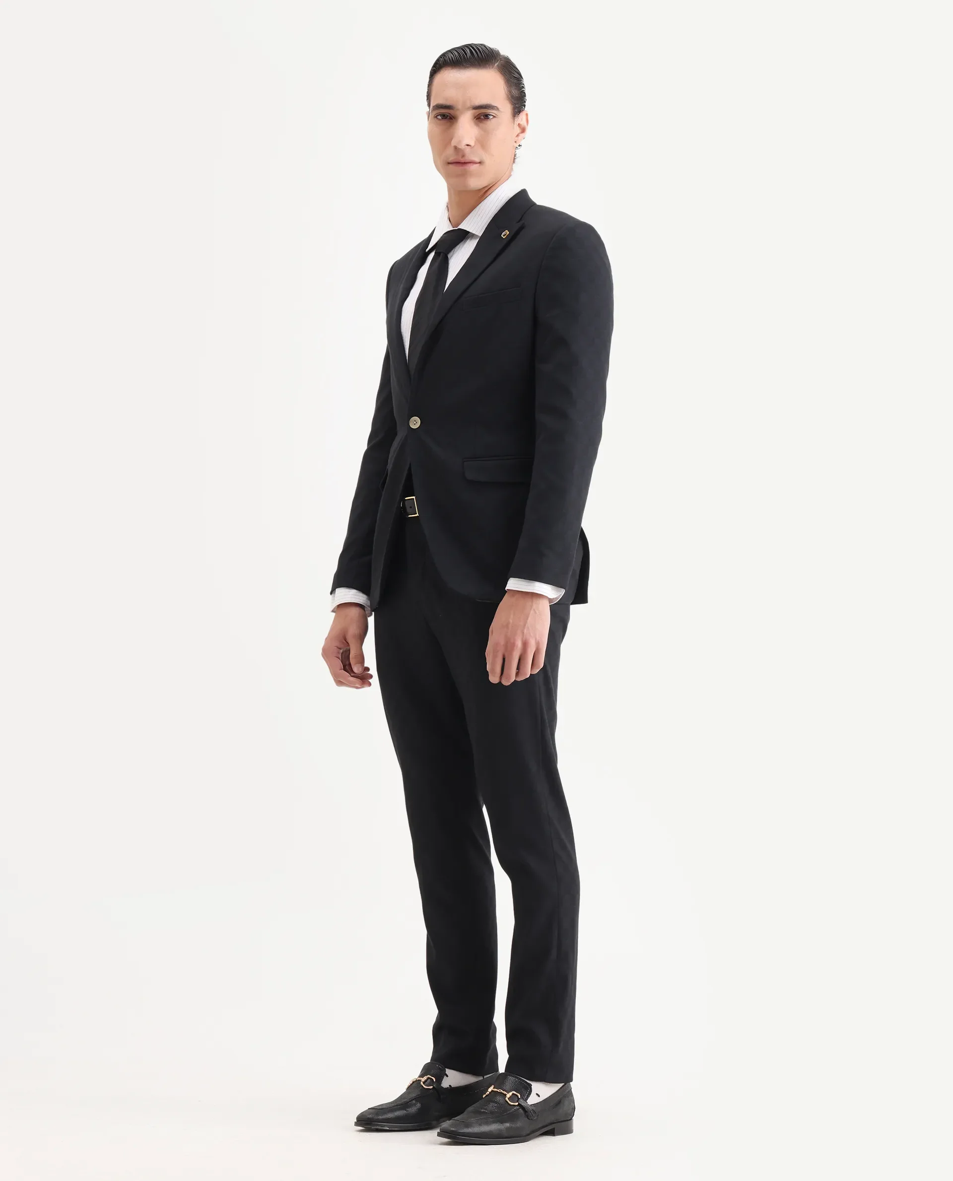 Rare Rabbit Men's Zeta Navy Viscose Jacquard Tailored Fit Full Sleeve Lapel Neck Suits - Image 6