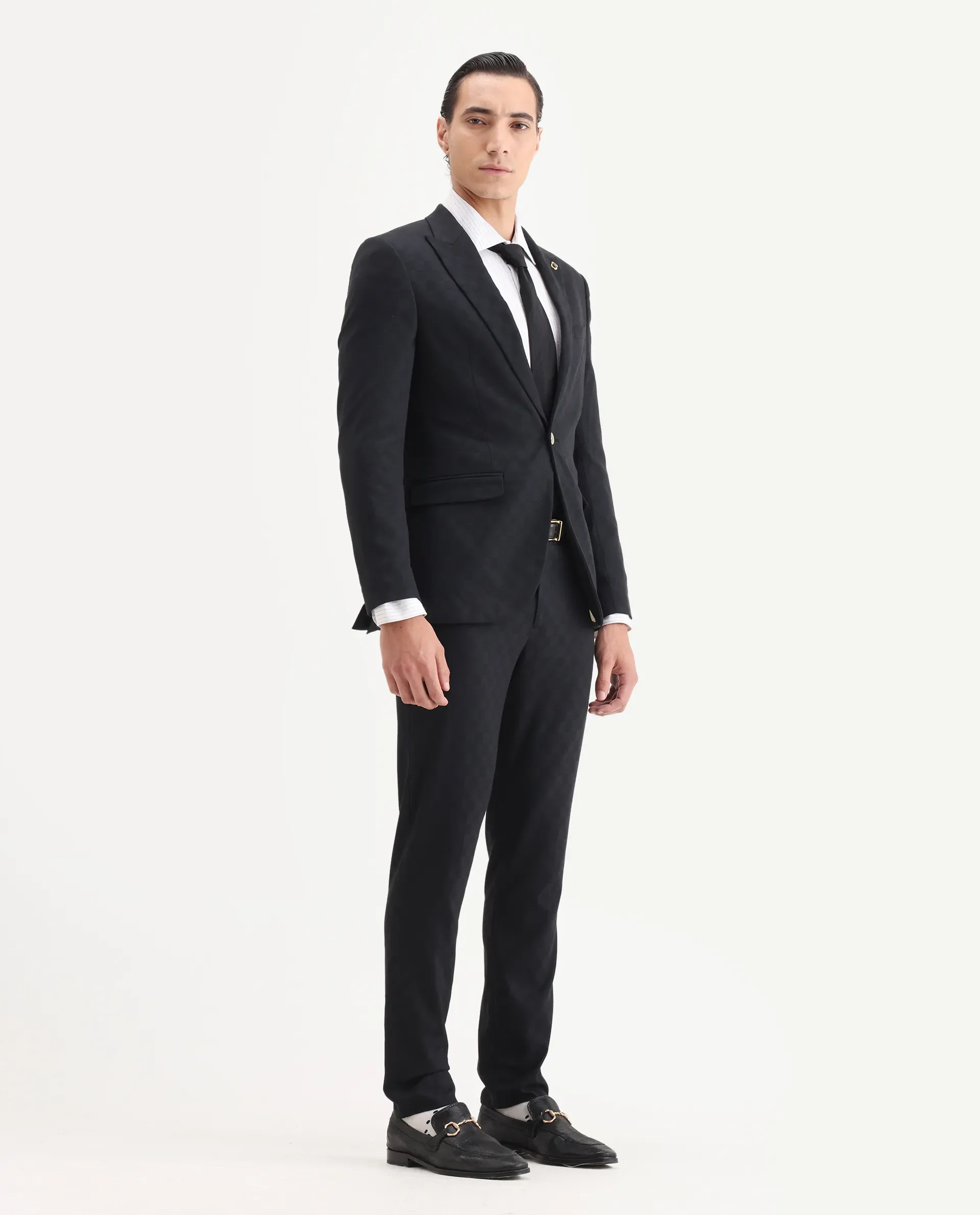 Rare Rabbit Men's Zeta Navy Viscose Jacquard Tailored Fit Full Sleeve Lapel Neck Suits - Image 7