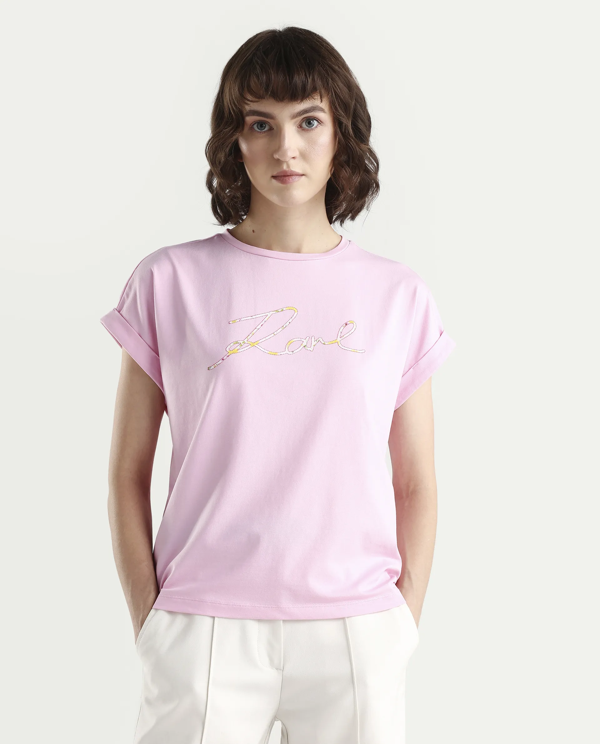 Rareism Women's Zeta Light Pink Cotton Blend Half Sleeve Relaxed Fit Typography Print T-Shirt - Image 3