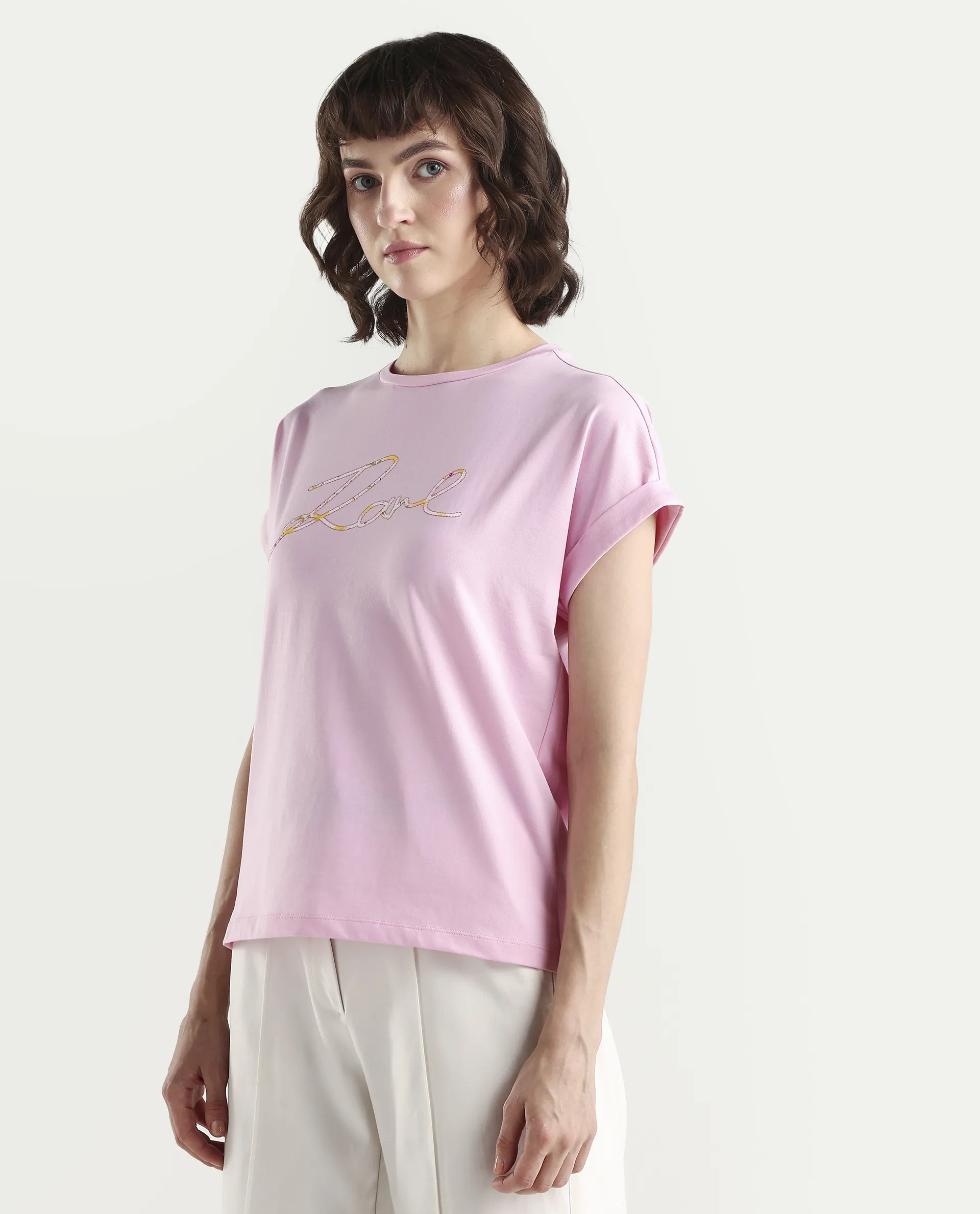 Rareism Women's Zeta Light Pink Cotton Blend Half Sleeve Relaxed Fit Typography Print T-Shirt - Image 5
