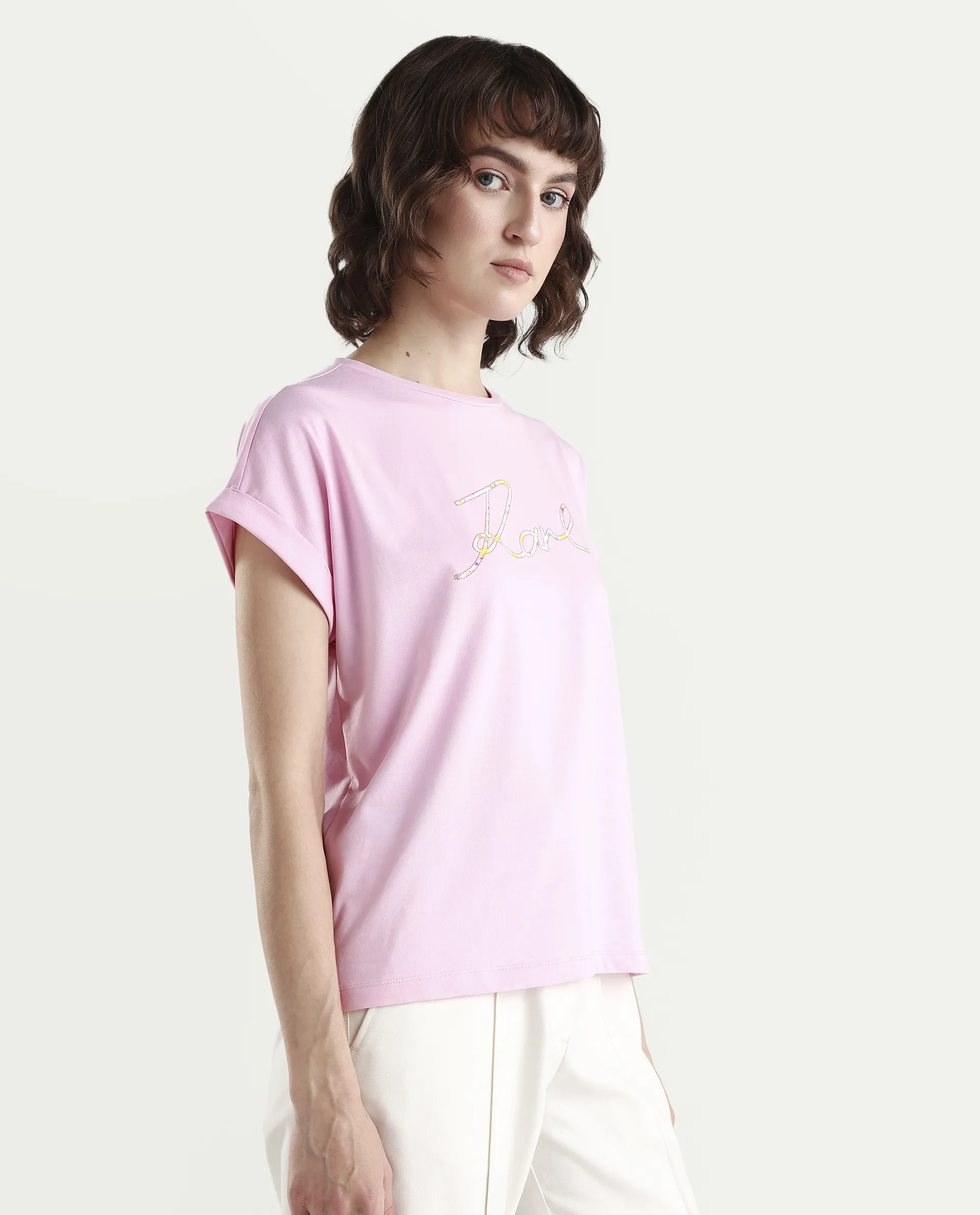 Rareism Women's Zeta Light Pink Cotton Blend Half Sleeve Relaxed Fit Typography Print T-Shirt - Image 6