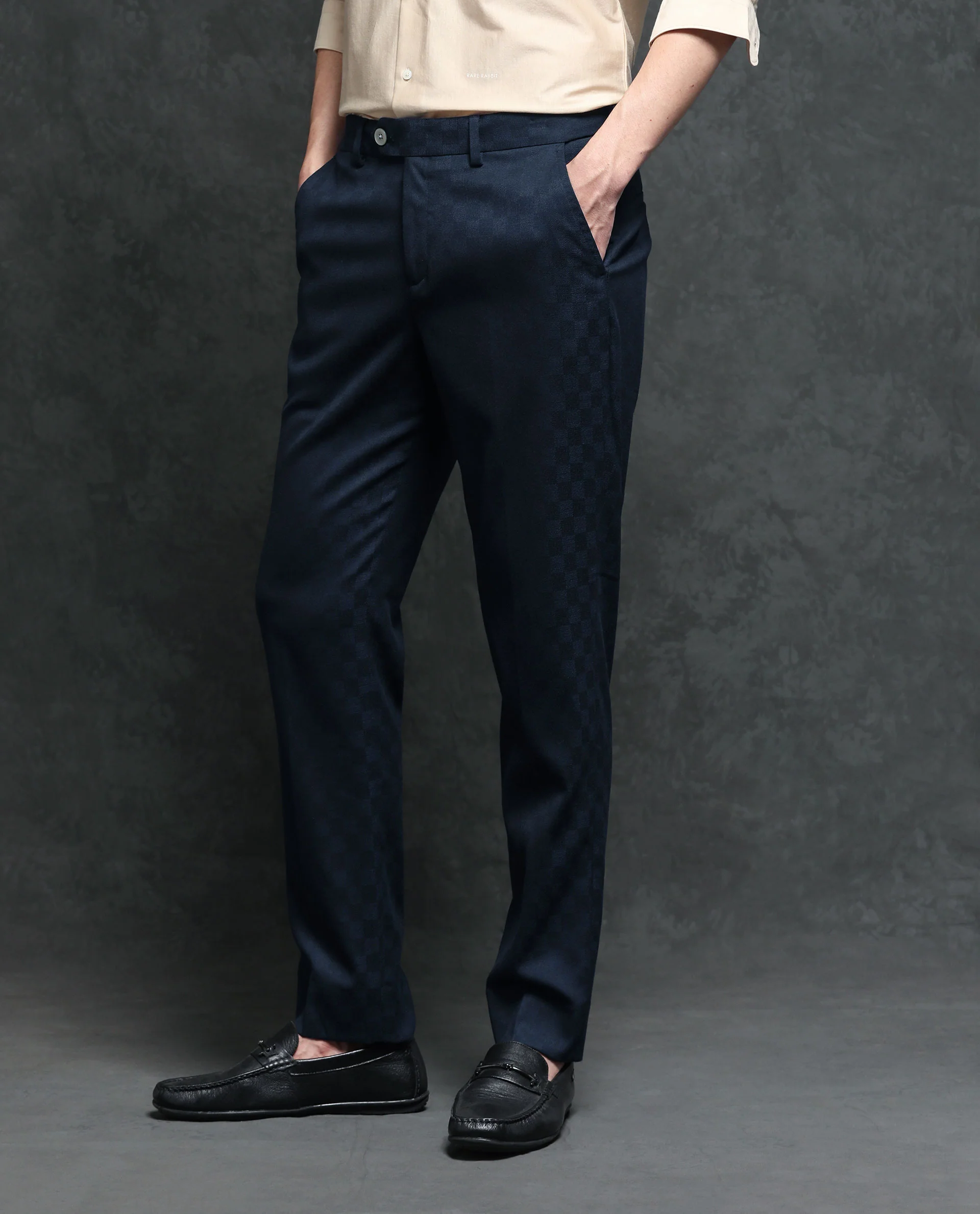 Rare Rabbit Men's Zetar Navy Polyester Jacquard Regular Fit Trouser - Image 11