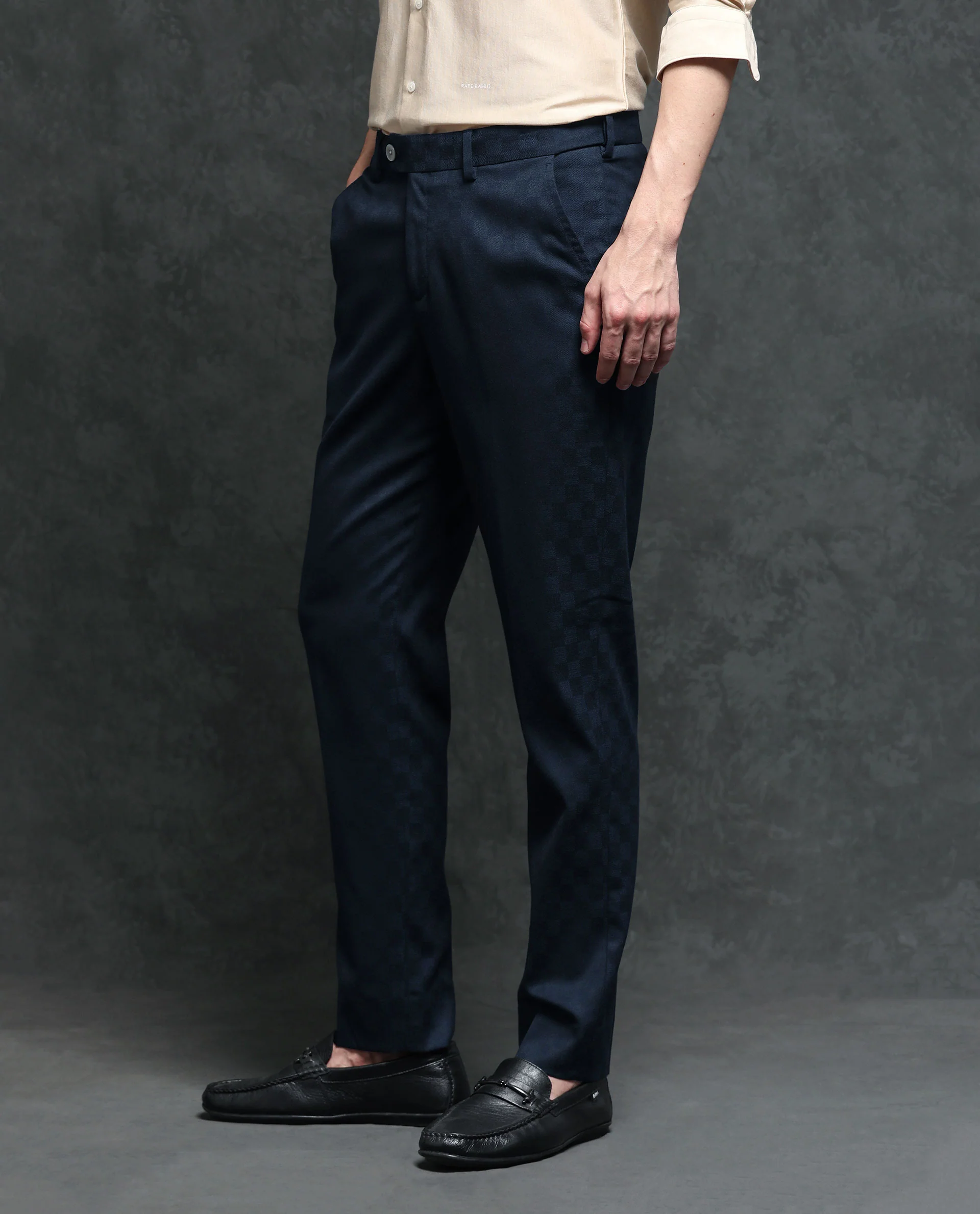 Rare Rabbit Men's Zetar Navy Polyester Jacquard Regular Fit Trouser - Image 13