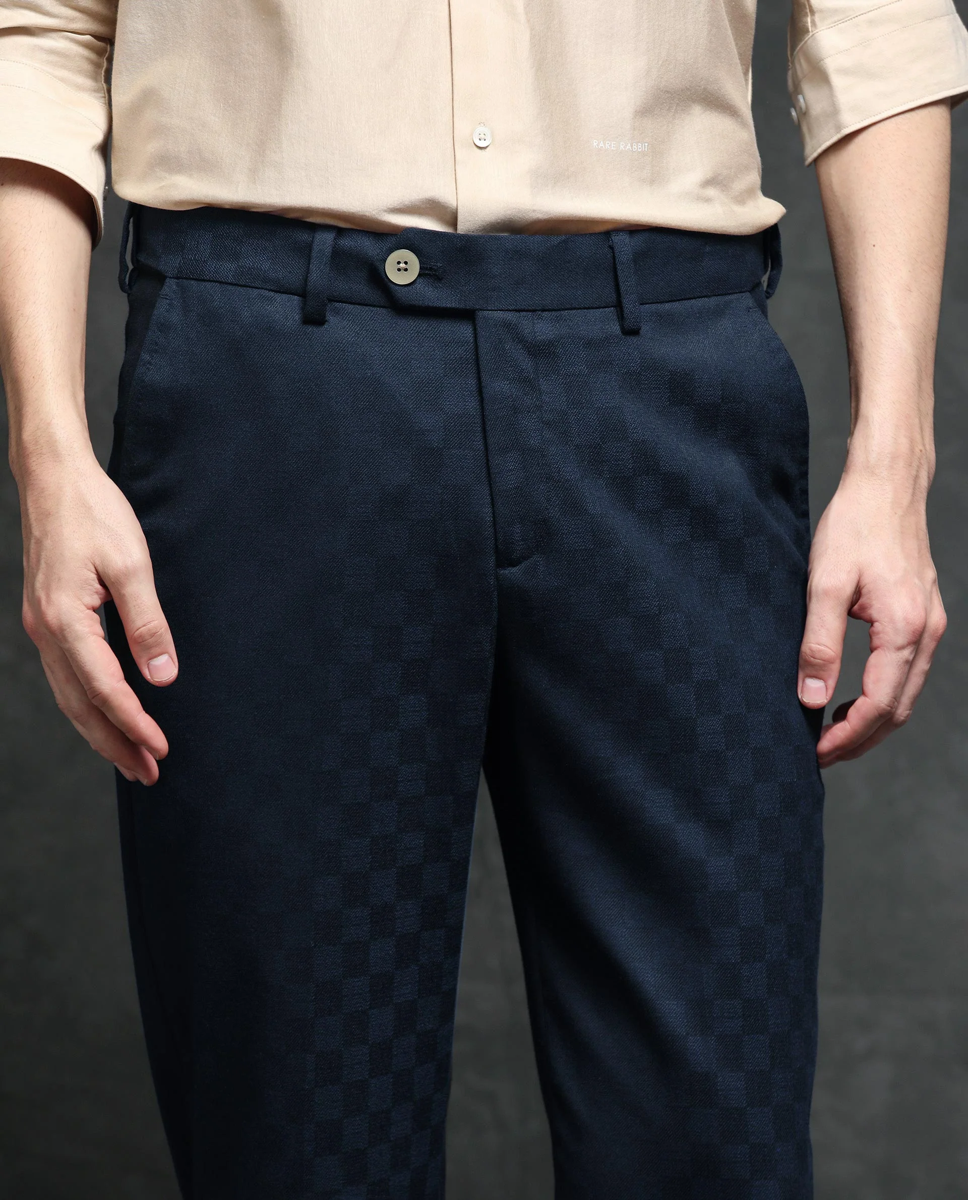 Rare Rabbit Men's Zetar Navy Polyester Jacquard Regular Fit Trouser - Image 4