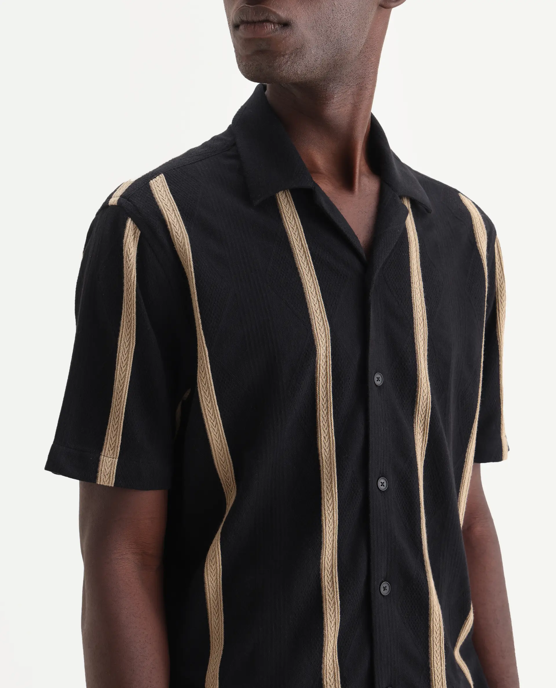 Rare Rabbit Men's Zeti Black Polyester Blend Fabric Half Sleeve Relaxed Fit Striped Shirt - Image 2