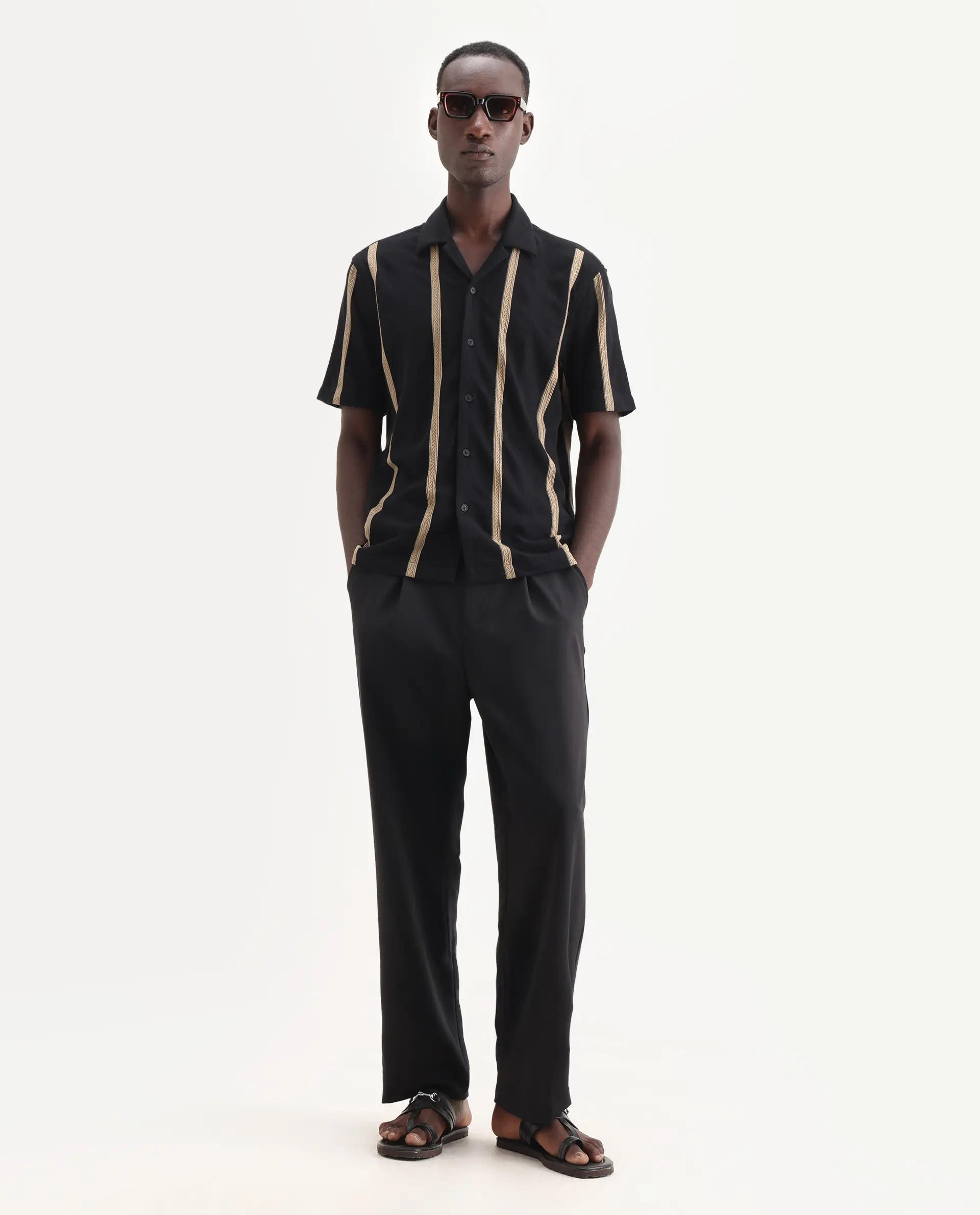 Rare Rabbit Men's Zeti Black Polyester Blend Fabric Half Sleeve Relaxed Fit Striped Shirt - Image 3