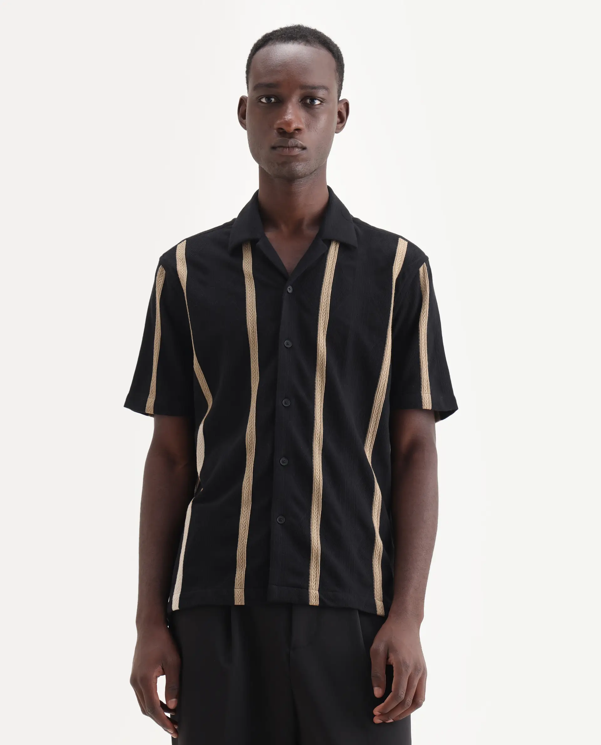 Rare Rabbit Men's Zeti Black Polyester Blend Fabric Half Sleeve Relaxed Fit Striped Shirt - Image 4