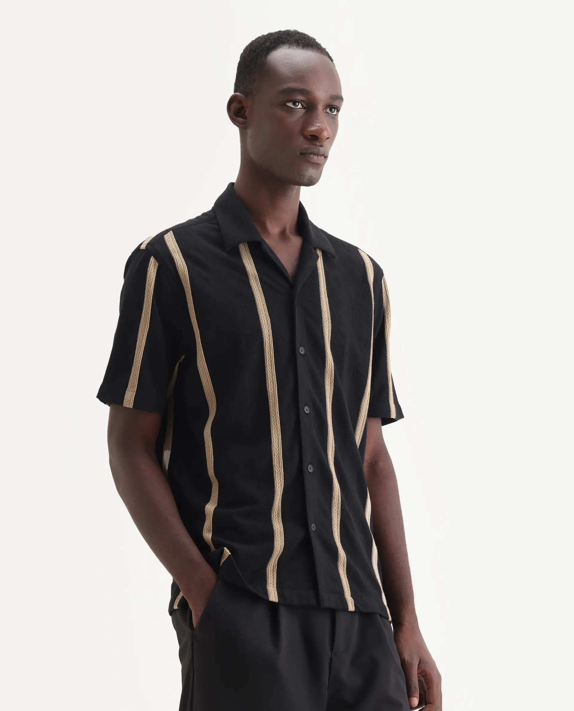 Rare Rabbit Men's Zeti Black Polyester Blend Fabric Half Sleeve Relaxed Fit Striped Shirt - Image 5