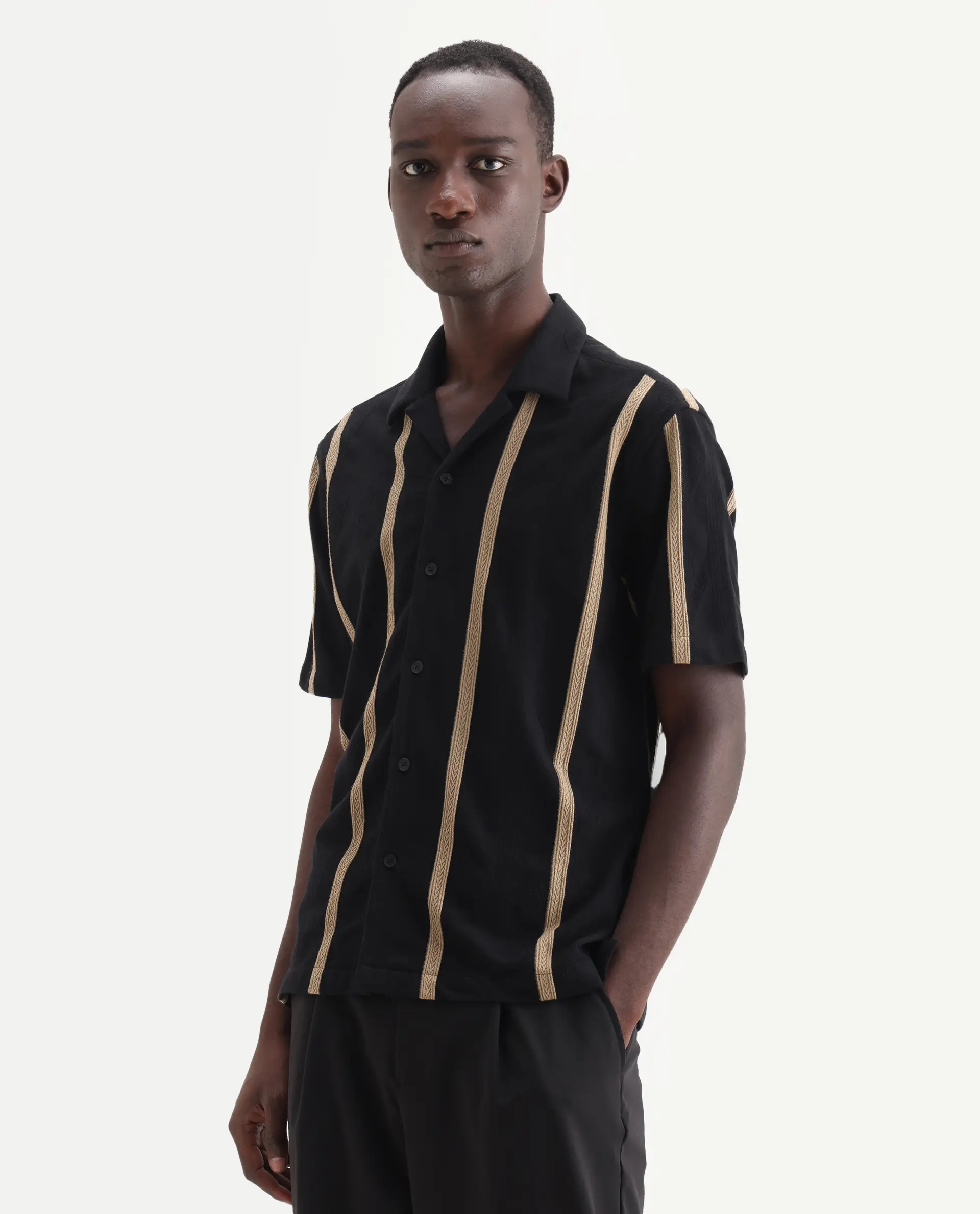 Rare Rabbit Men's Zeti Black Polyester Blend Fabric Half Sleeve Relaxed Fit Striped Shirt - Image 6