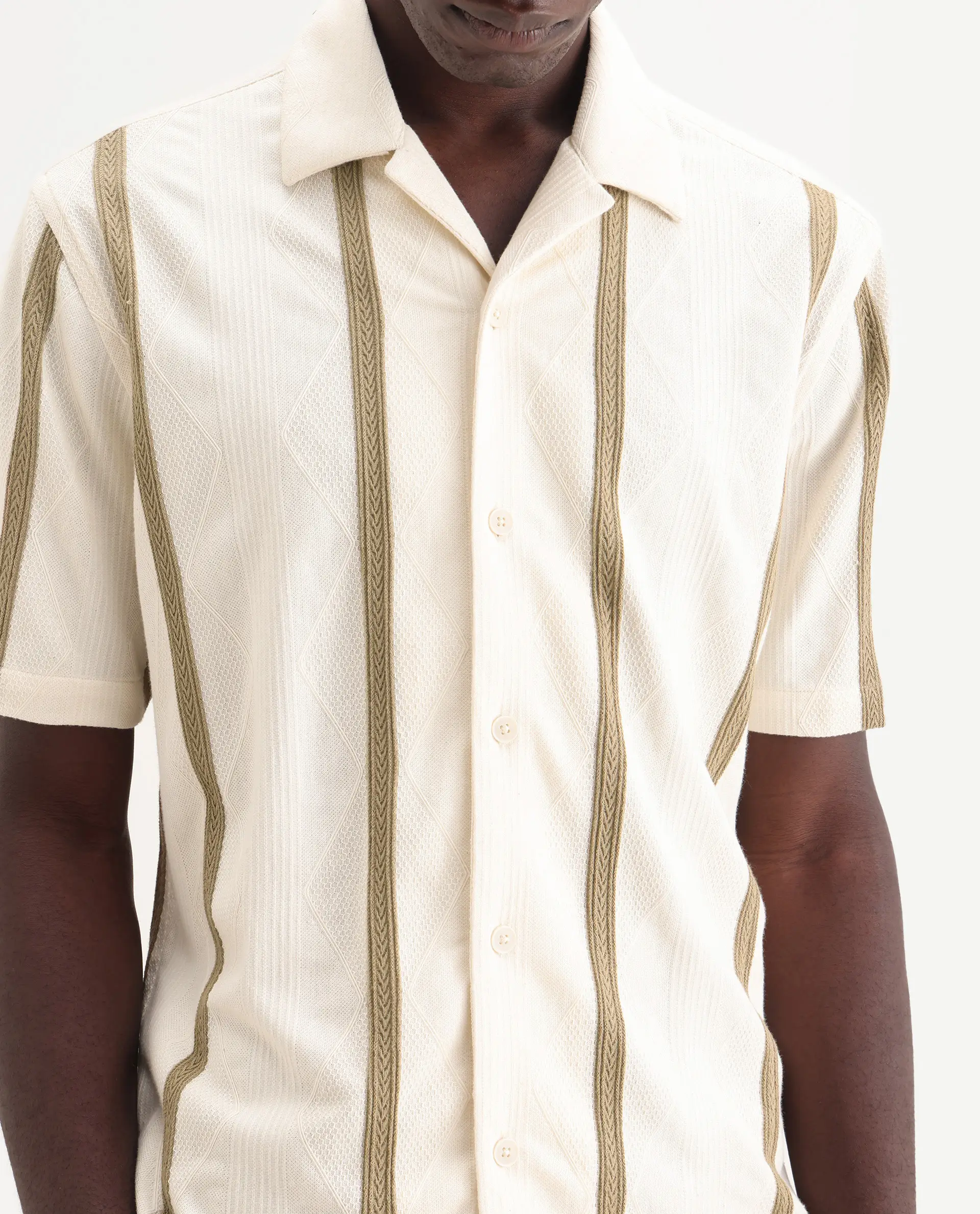 Rare Rabbit Men's Zeti Off White Polyester Blend Fabric Half Sleeve Relaxed Fit Striped Shirt - Image 3