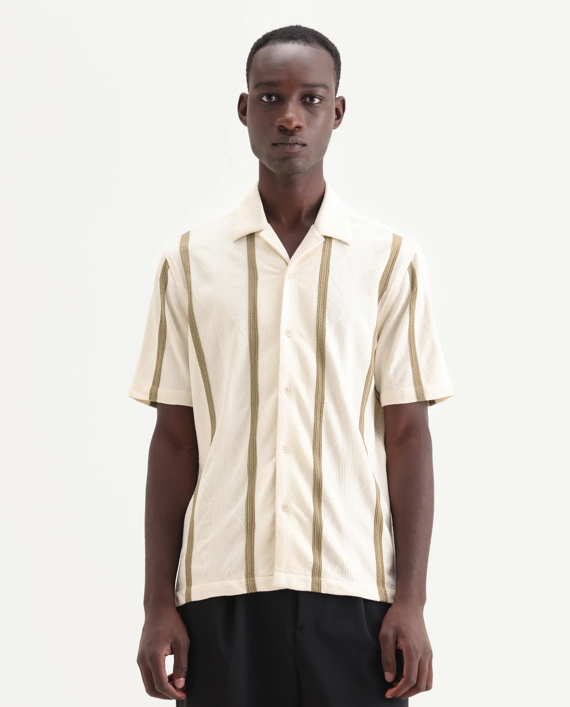 Rare Rabbit Men's Zeti Off White Polyester Blend Fabric Half Sleeve Relaxed Fit Striped Shirt - Image 4
