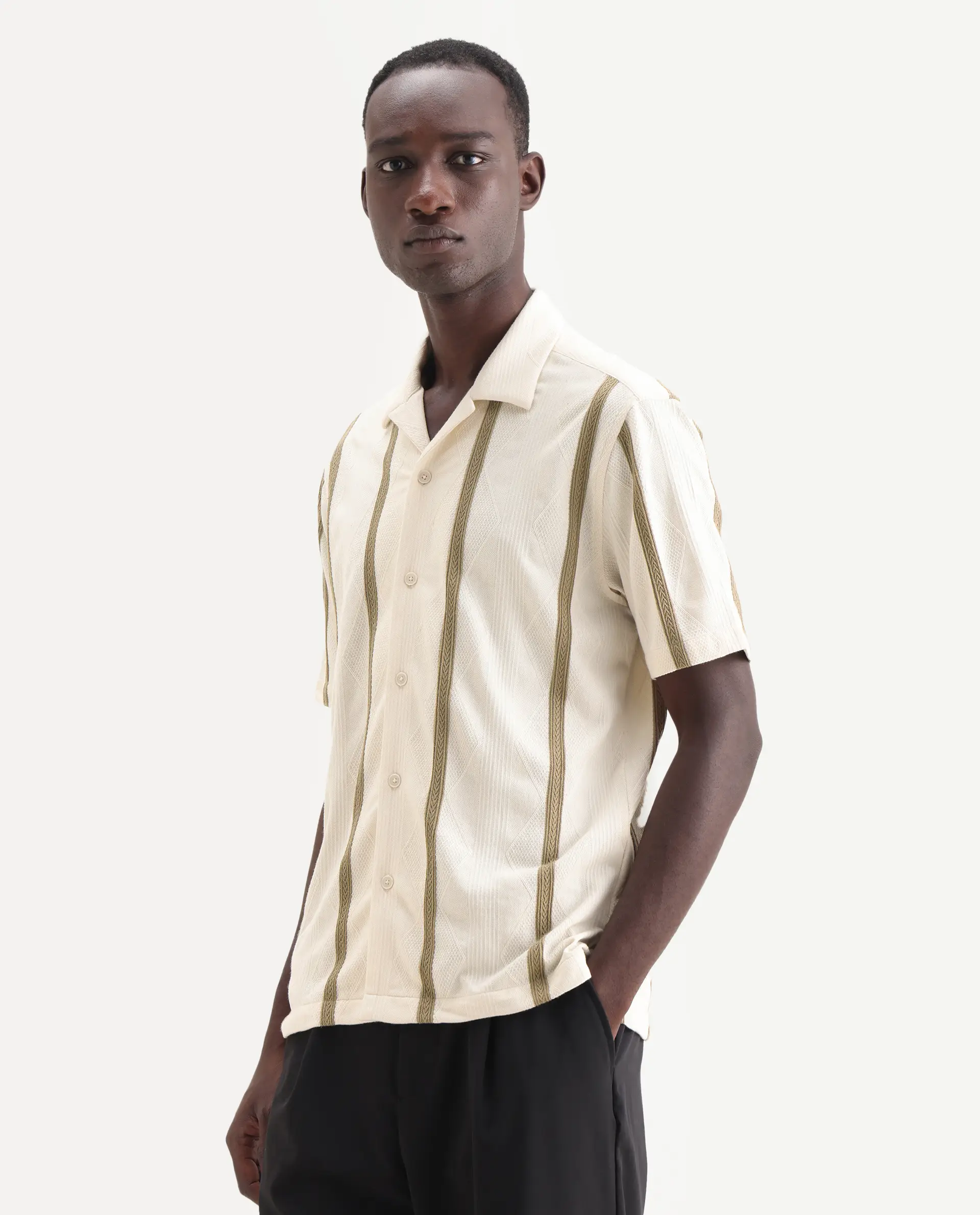Rare Rabbit Men's Zeti Off White Polyester Blend Fabric Half Sleeve Relaxed Fit Striped Shirt - Image 5
