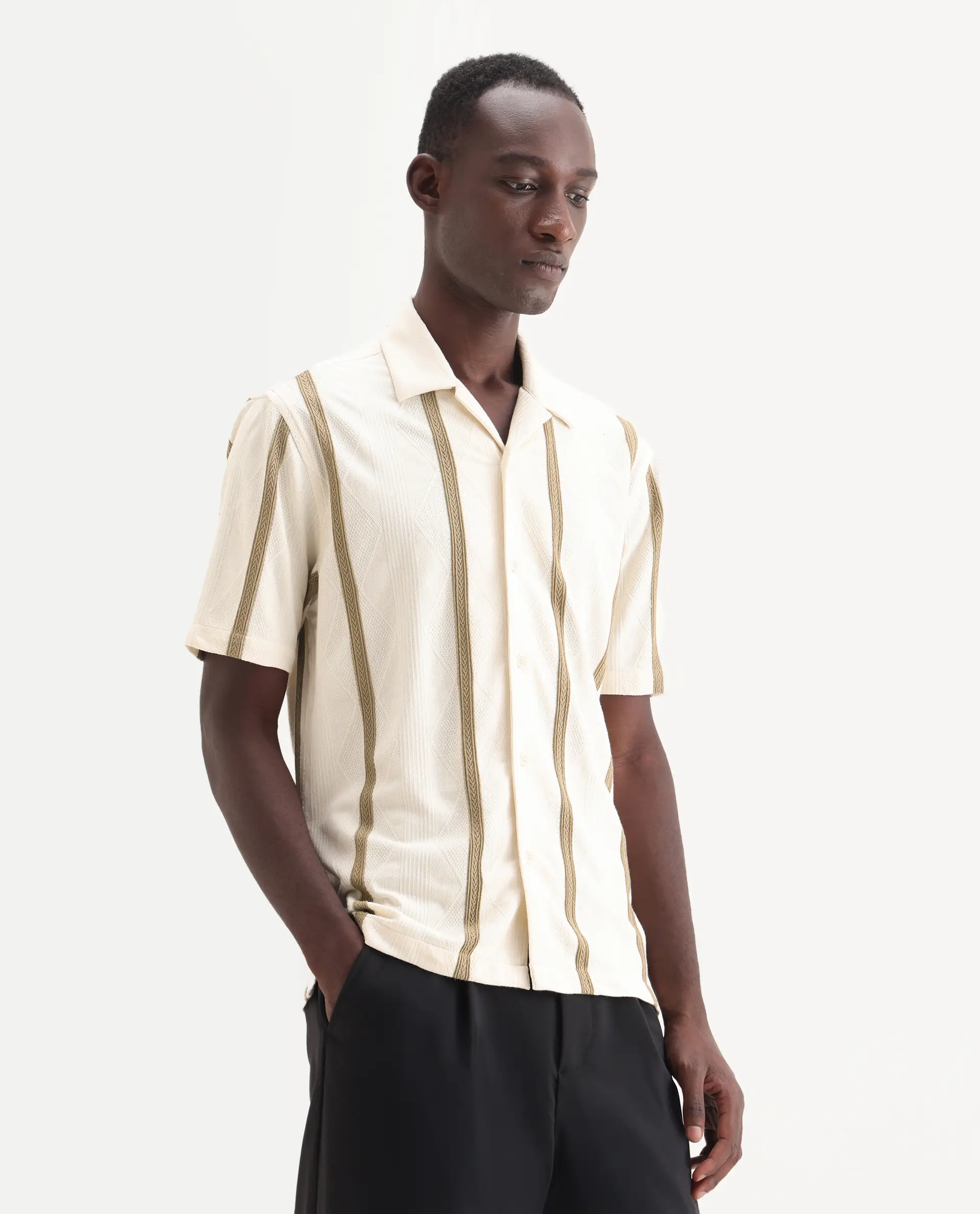 Rare Rabbit Men's Zeti Off White Polyester Blend Fabric Half Sleeve Relaxed Fit Striped Shirt - Image 6
