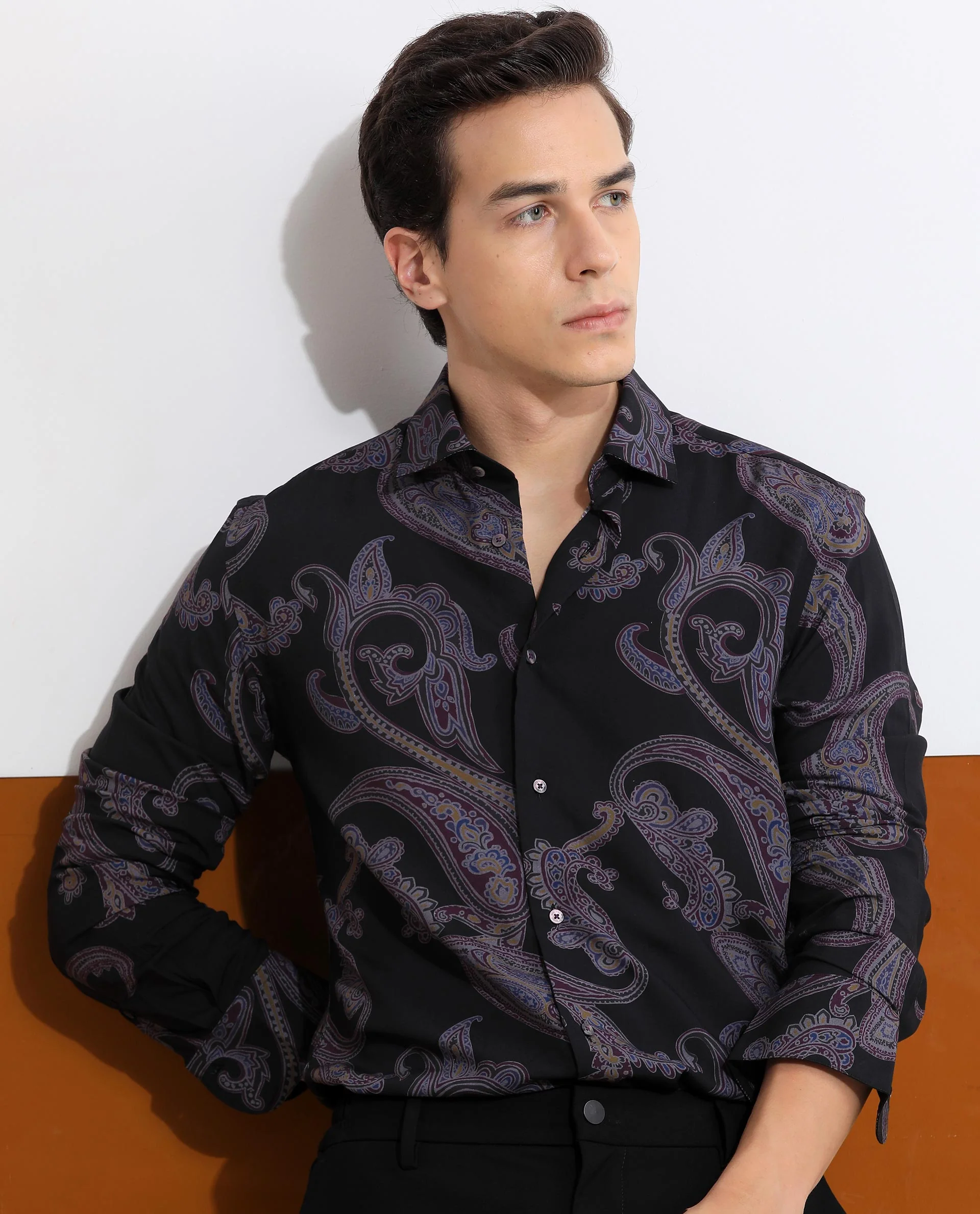 Rare Rabbit Men's Zeus Black Viscose Paisley Print Regular Fit Full Sleeve Collared Shirt - Image 2