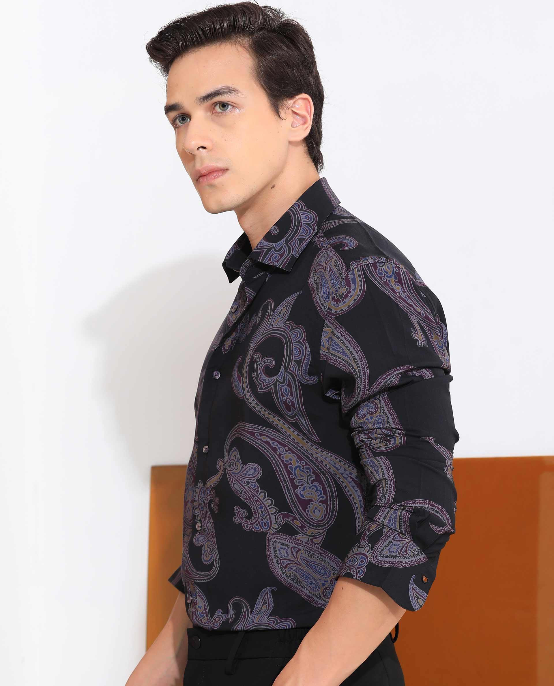 Rare Rabbit Men's Zeus Black Viscose Paisley Print Regular Fit Full Sleeve Collared Shirt - Image 4