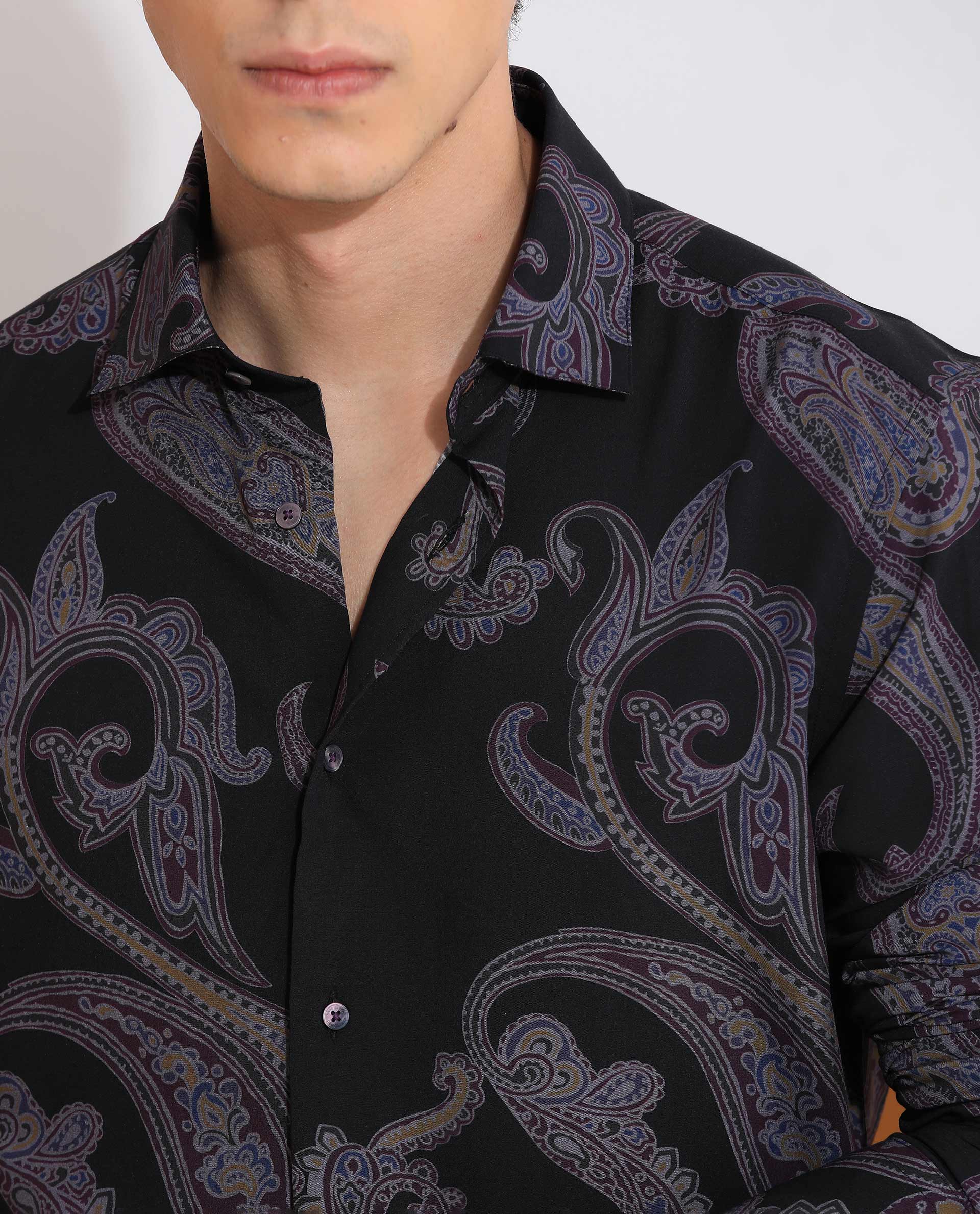 Rare Rabbit Men's Zeus Black Viscose Paisley Print Regular Fit Full Sleeve Collared Shirt - Image 6