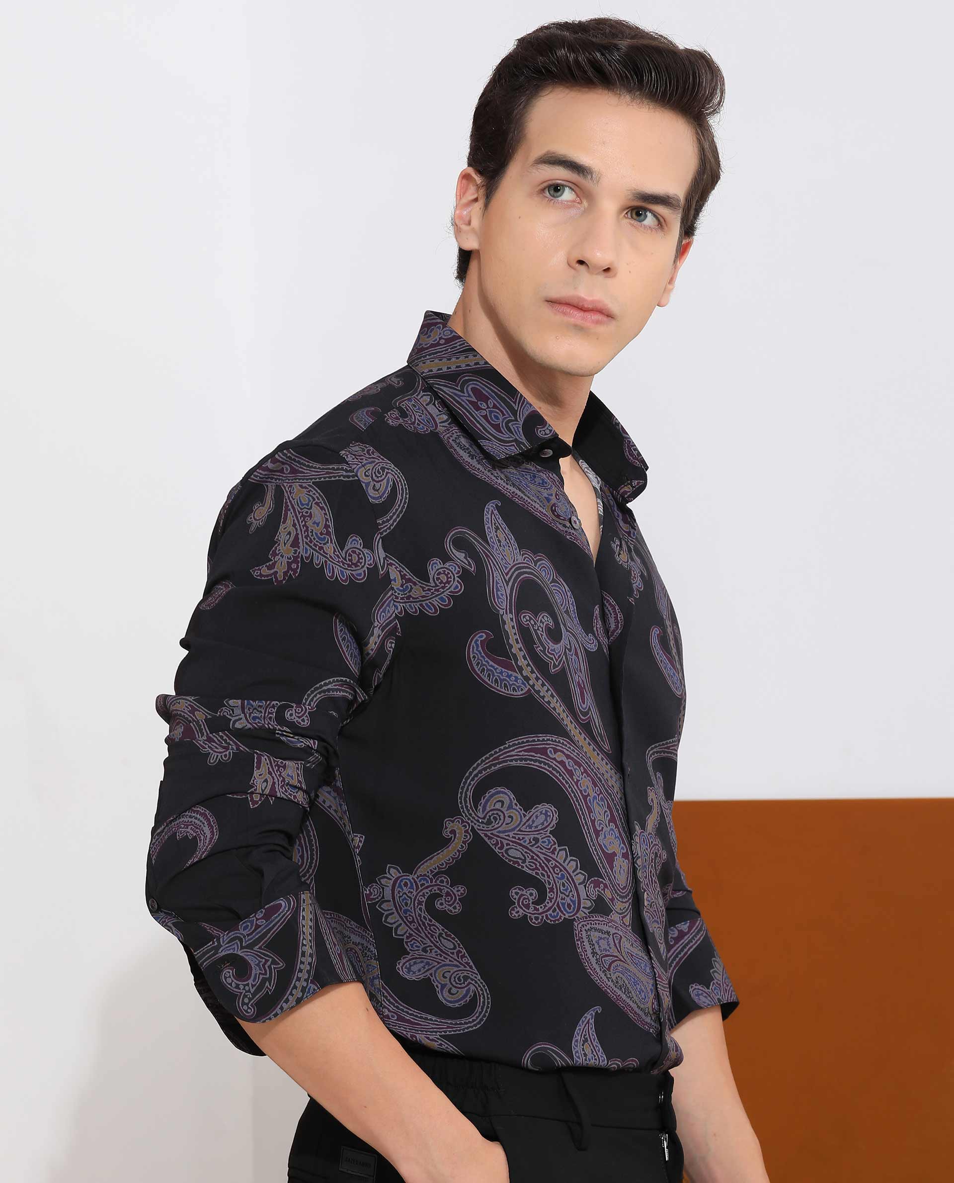 Rare Rabbit Men's Zeus Black Viscose Paisley Print Regular Fit Full Sleeve Collared Shirt - Image 7
