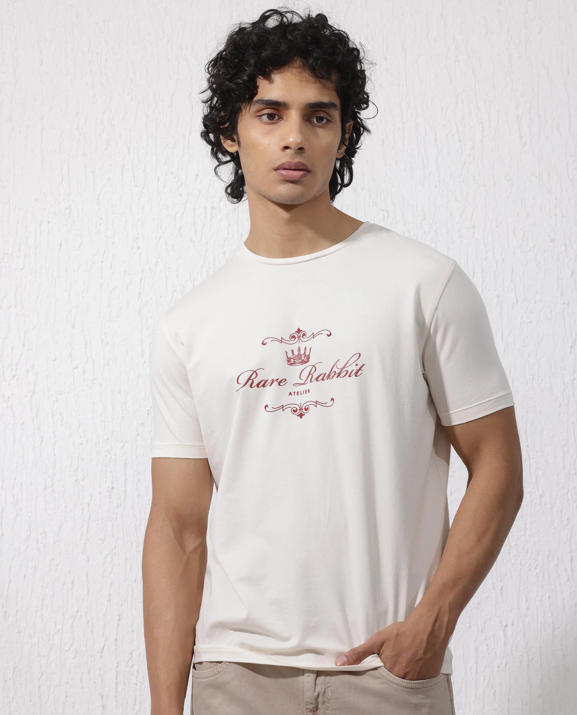 Rare Rabbit Men's Zeus Beige Cotton Blend Graphic Print Regular Fit Half Sleeve Crew Neck T-Shirt - Image 2