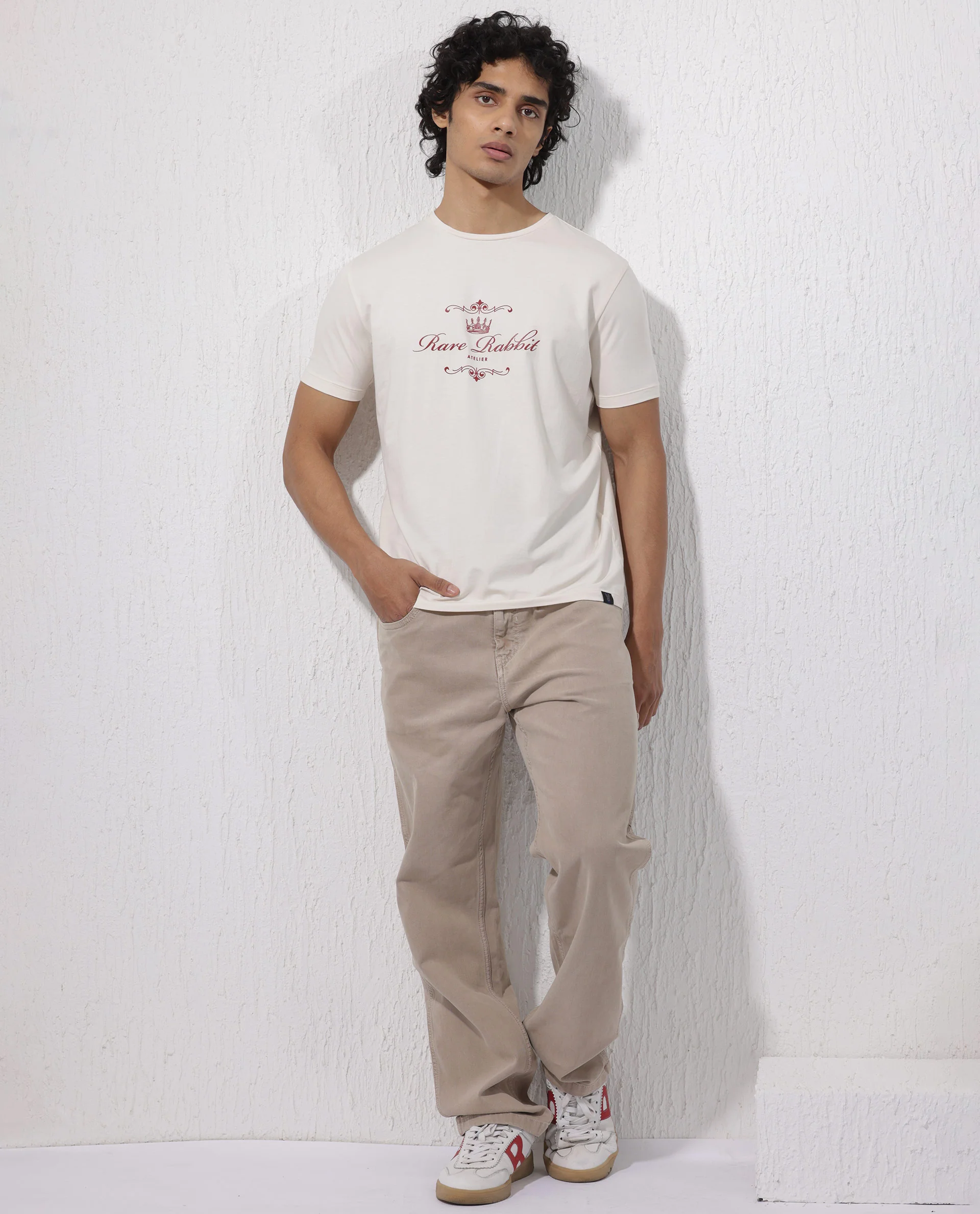 Rare Rabbit Men's Zeus Beige Cotton Blend Graphic Print Regular Fit Half Sleeve Crew Neck T-Shirt - Image 3