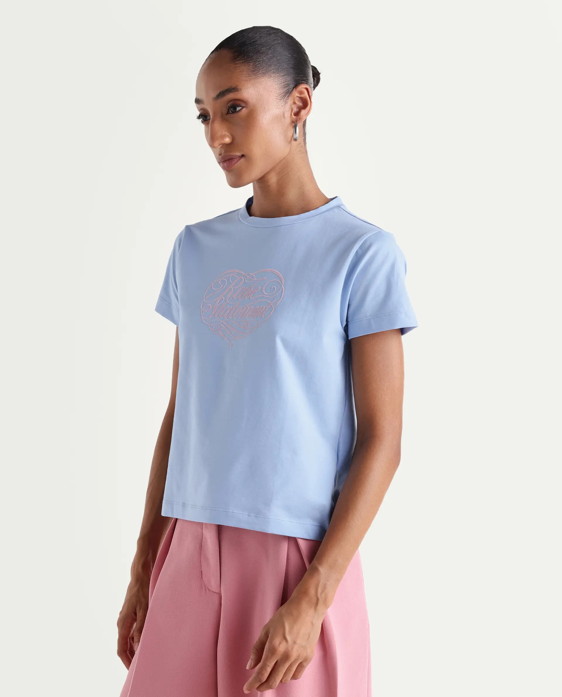 Rareism Women's Zeven Light Blue Cotton Blend Half Sleeve Regular Fit Flock Print T-Shirt - Image 4
