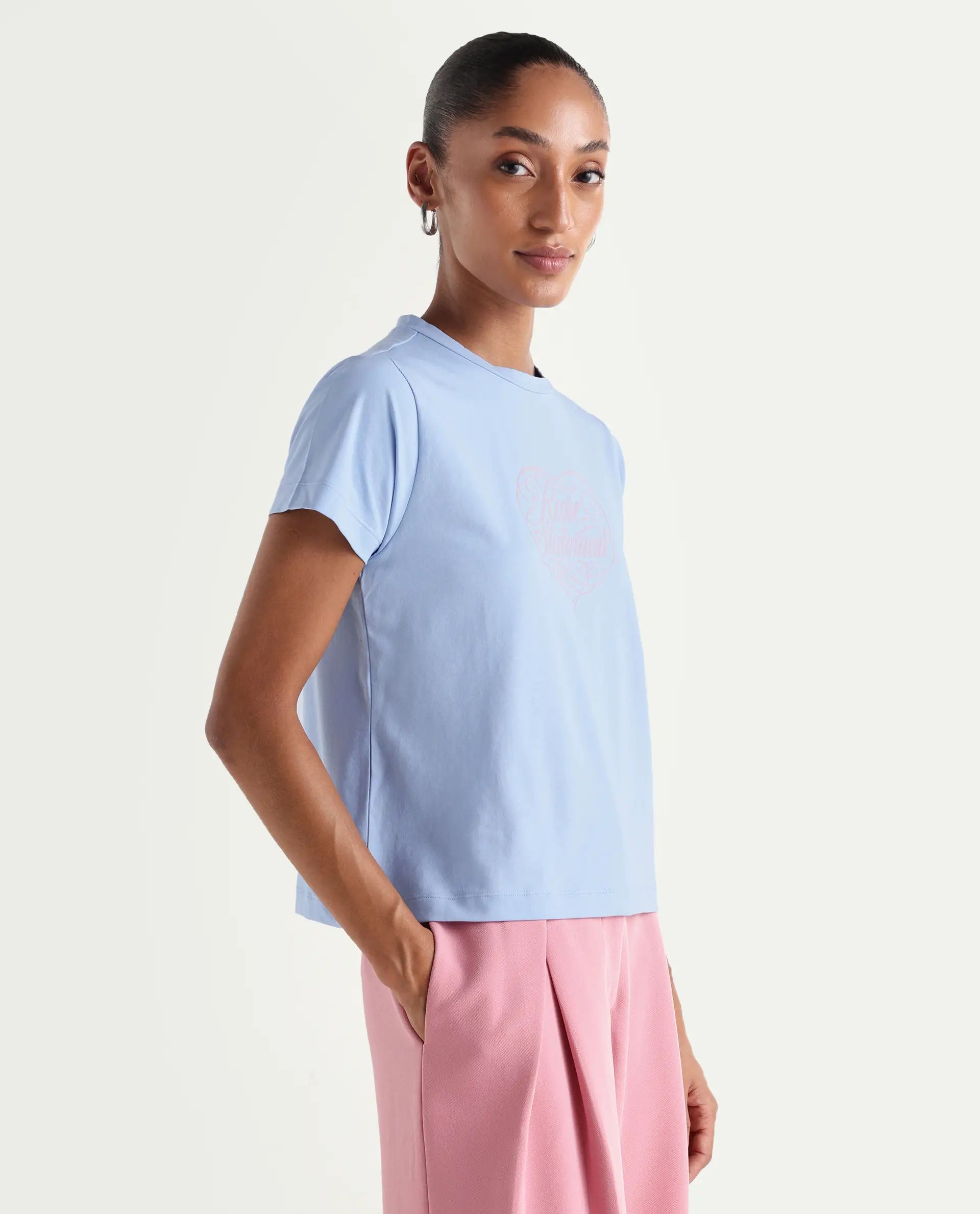 Rareism Women's Zeven Light Blue Cotton Blend Half Sleeve Regular Fit Flock Print T-Shirt - Image 5