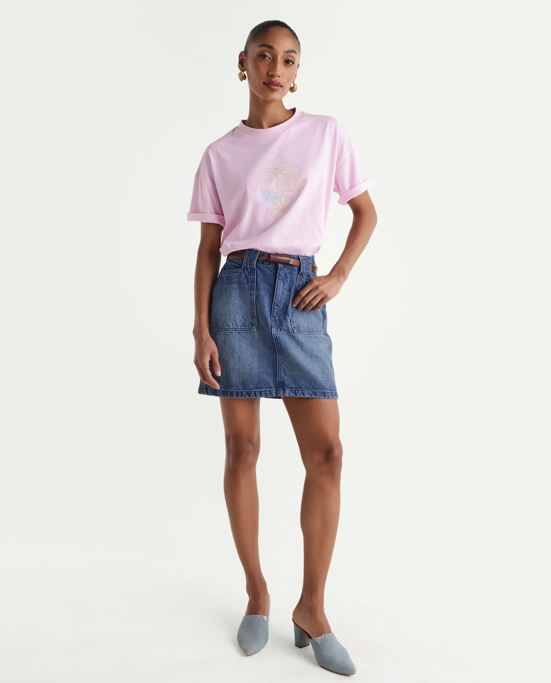 Rareism Women's Zew Light Pink Cotton Crew Neck Pull-On Boxy Plain T-Shirt - Image 2
