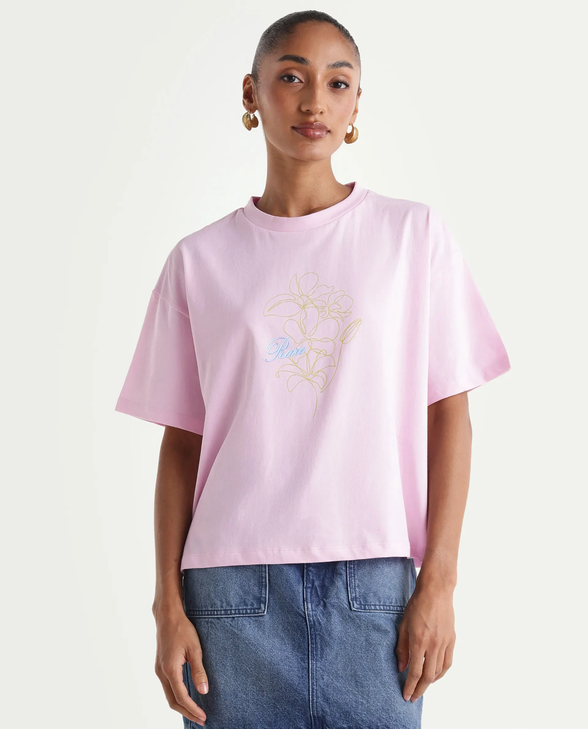 Rareism Women's Zew Light Pink Cotton Crew Neck Pull-On Boxy Plain T-Shirt - Image 3