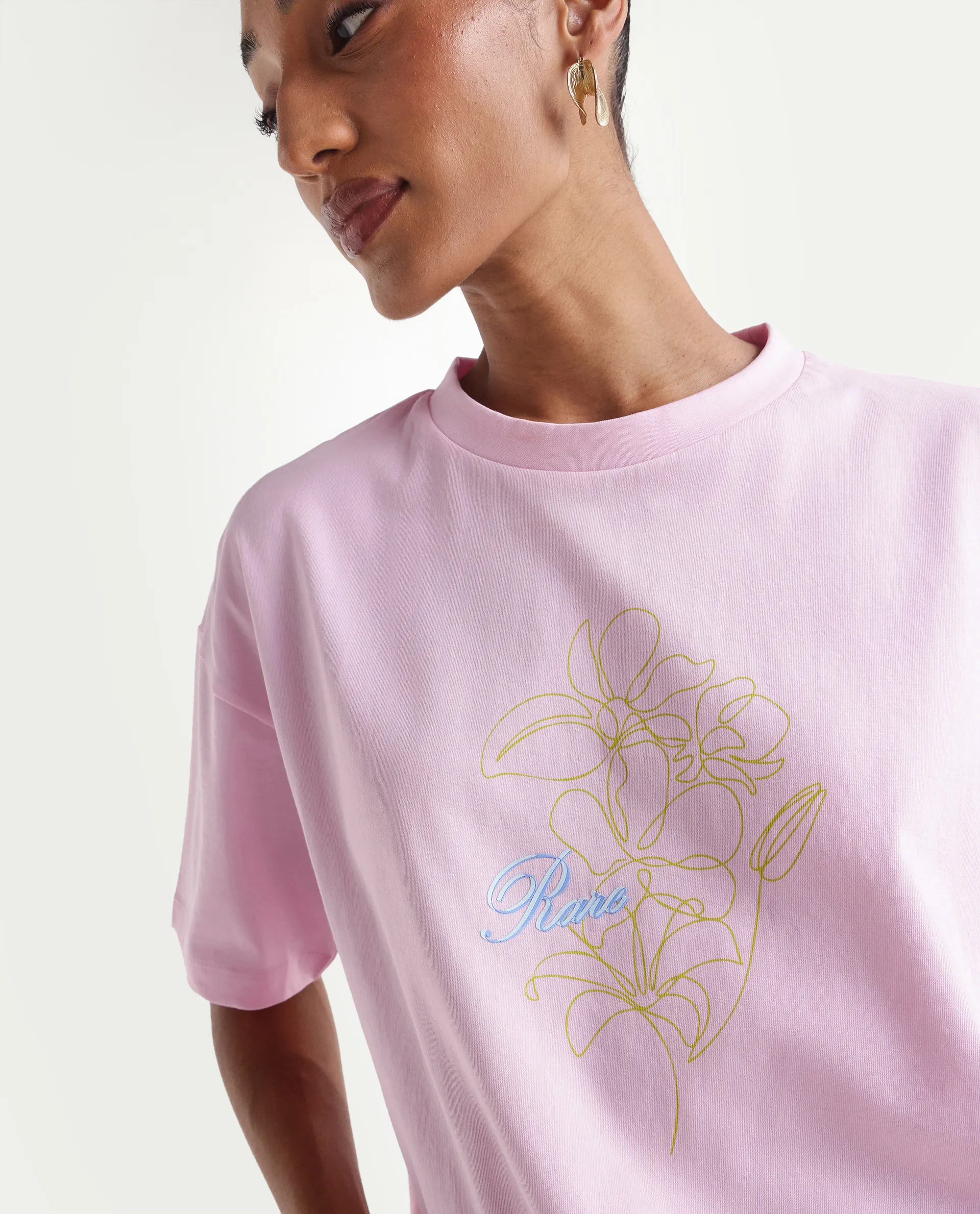 Rareism Women's Zew Light Pink Cotton Crew Neck Pull-On Boxy Plain T-Shirt - Image 4
