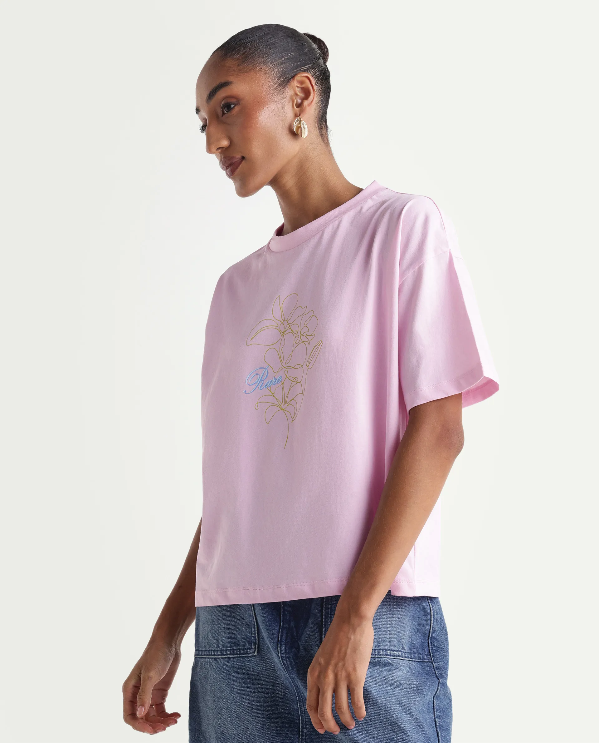 Rareism Women's Zew Light Pink Cotton Crew Neck Pull-On Boxy Plain T-Shirt - Image 5