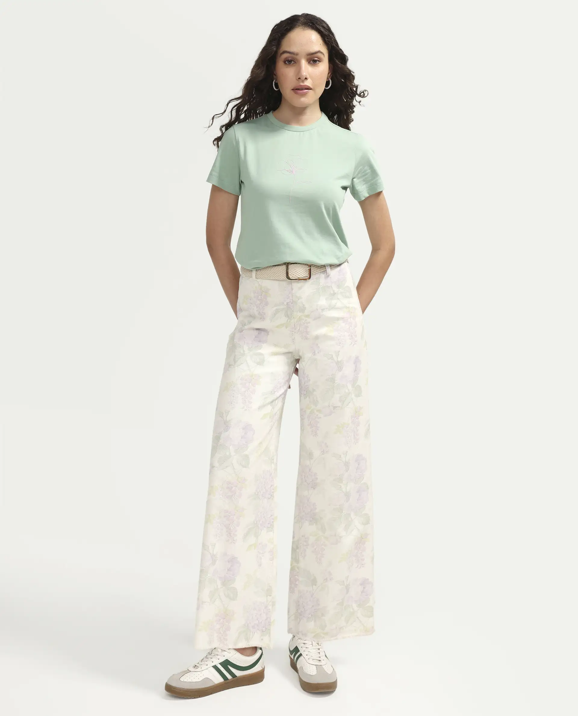 Rareism Women's Zexer Light Green Cotton Crew Neck Pull-On Regular Floral Print T-Shirt - Image 2
