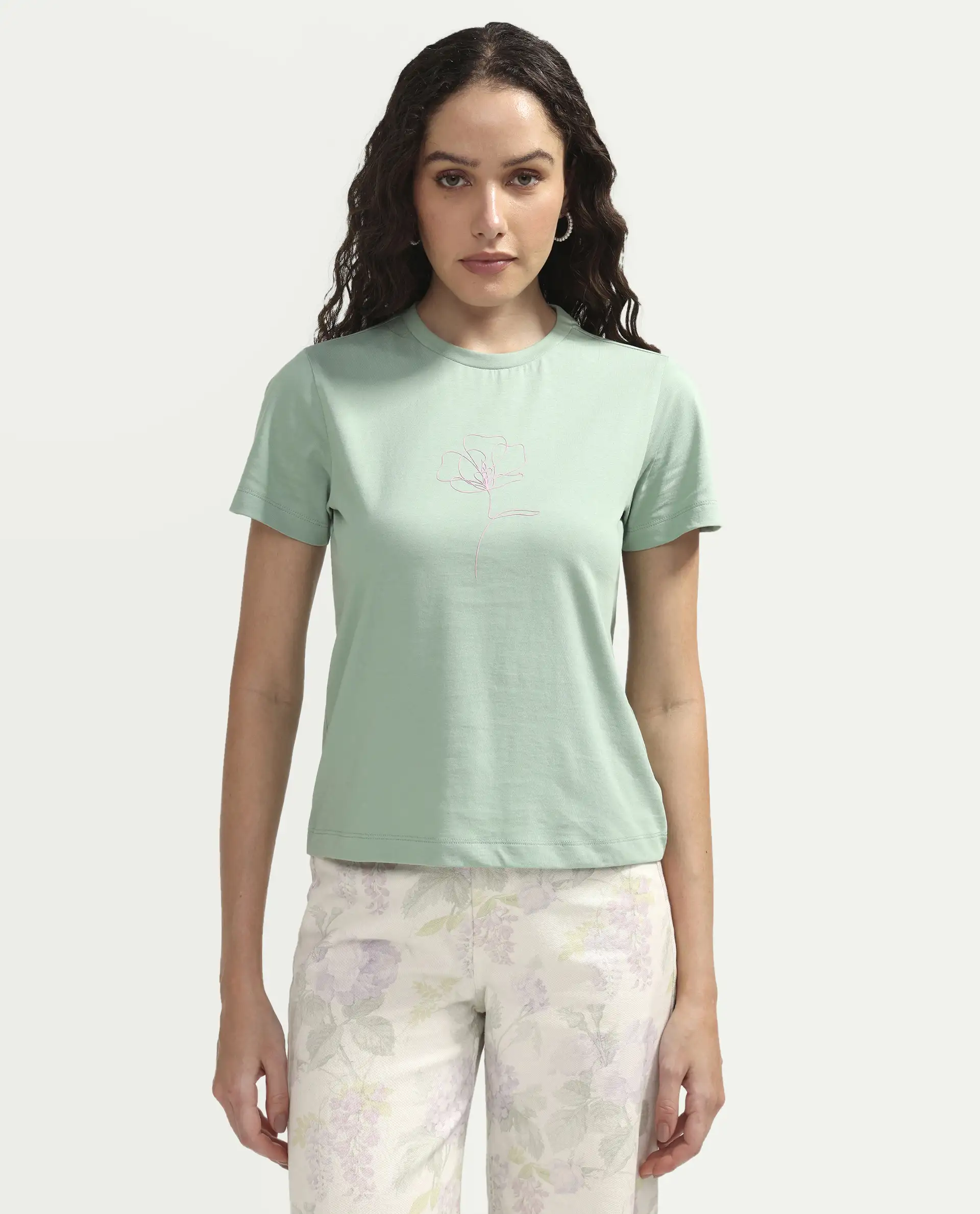 Rareism Women's Zexer Light Green Cotton Crew Neck Pull-On Regular Floral Print T-Shirt - Image 3