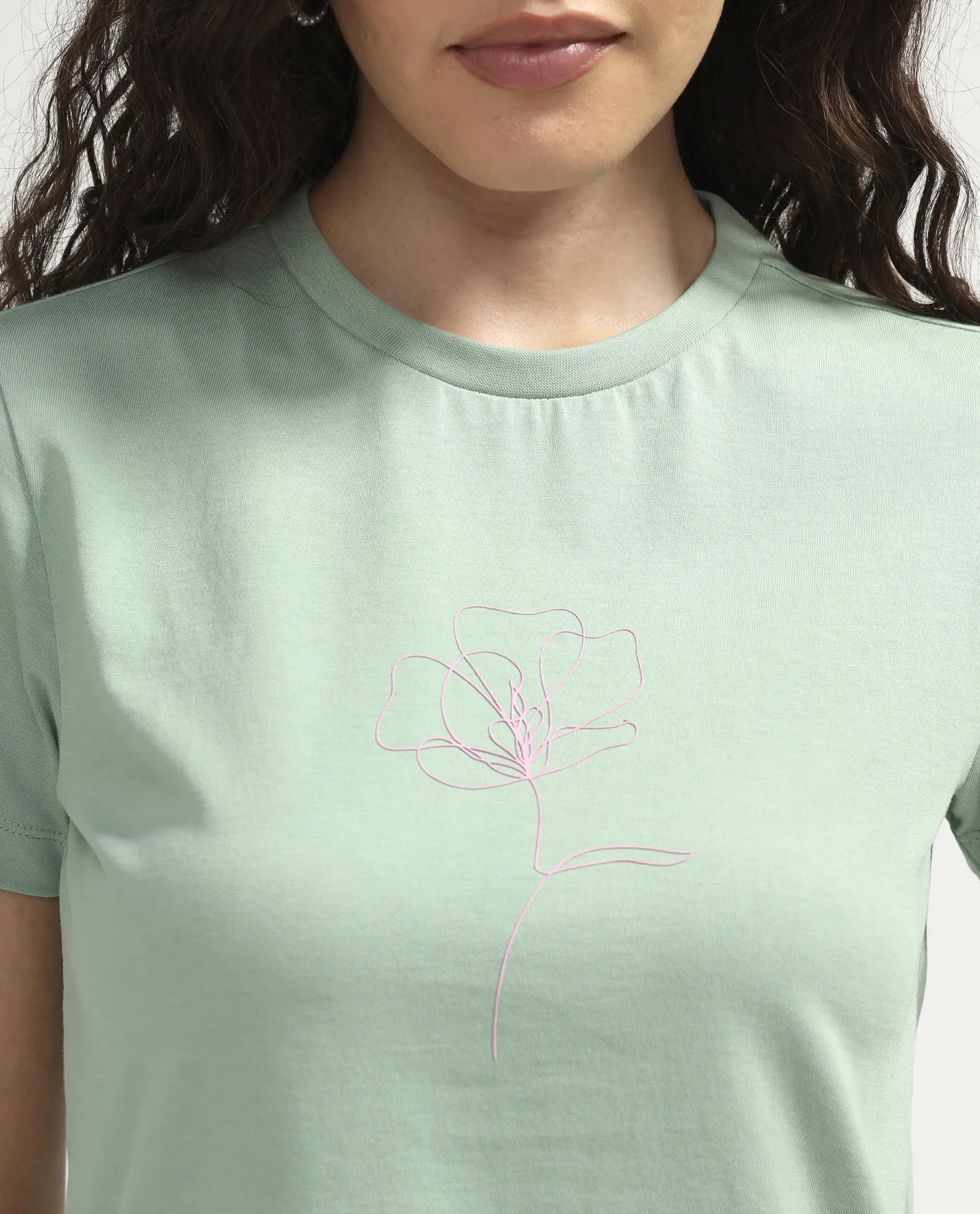 Rareism Women's Zexer Light Green Cotton Crew Neck Pull-On Regular Floral Print T-Shirt - Image 4