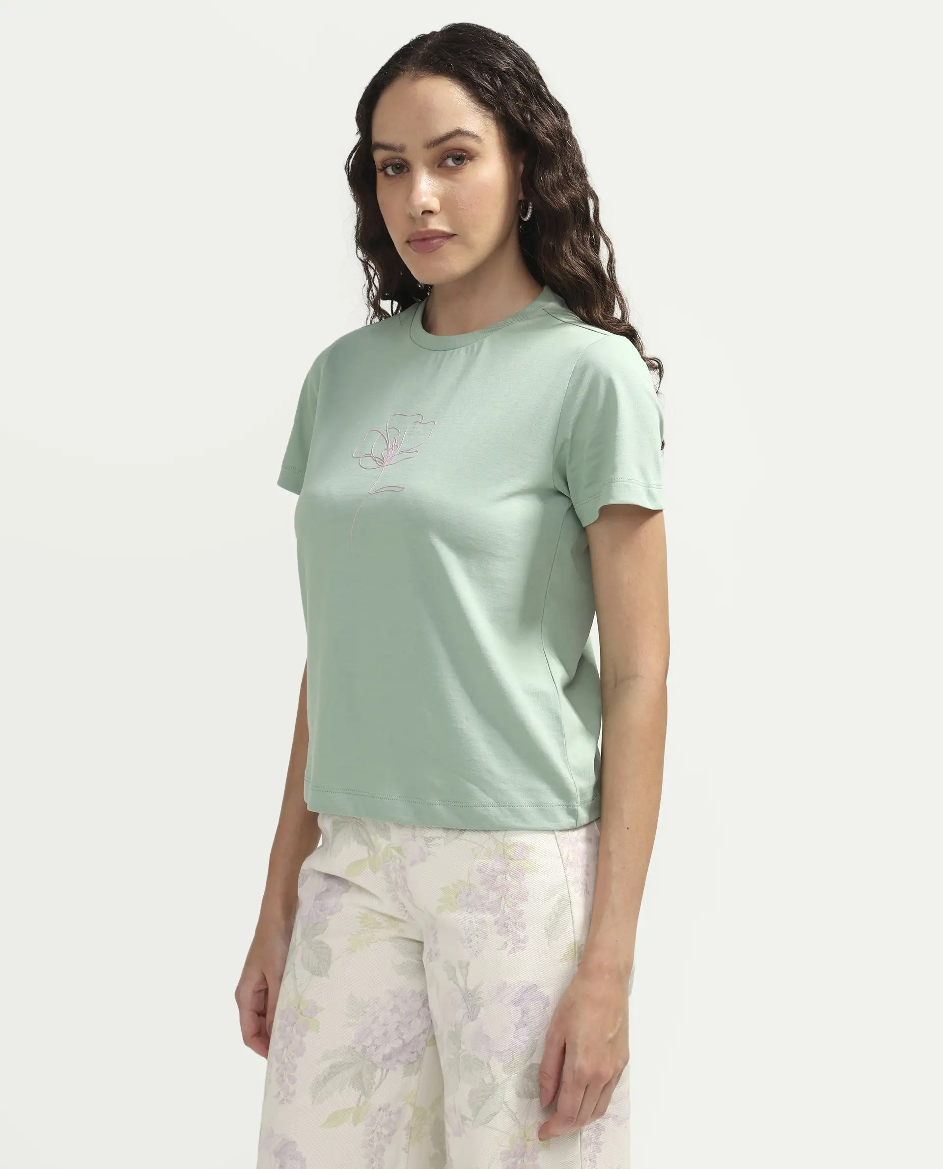 Rareism Women's Zexer Light Green Cotton Crew Neck Pull-On Regular Floral Print T-Shirt - Image 5