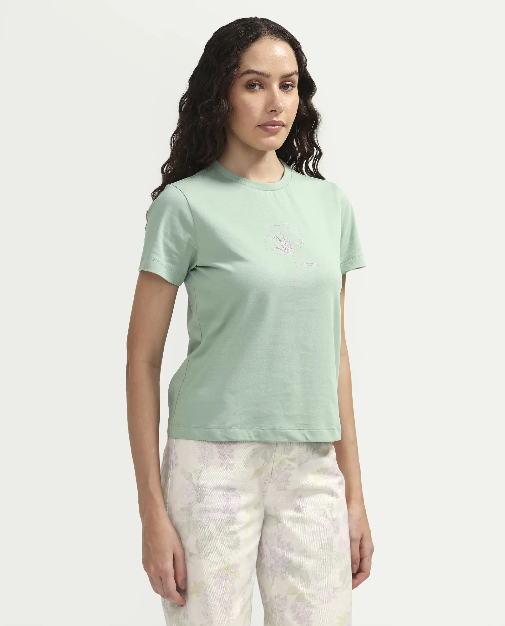 Rareism Women's Zexer Light Green Cotton Crew Neck Pull-On Regular Floral Print T-Shirt - Image 6
