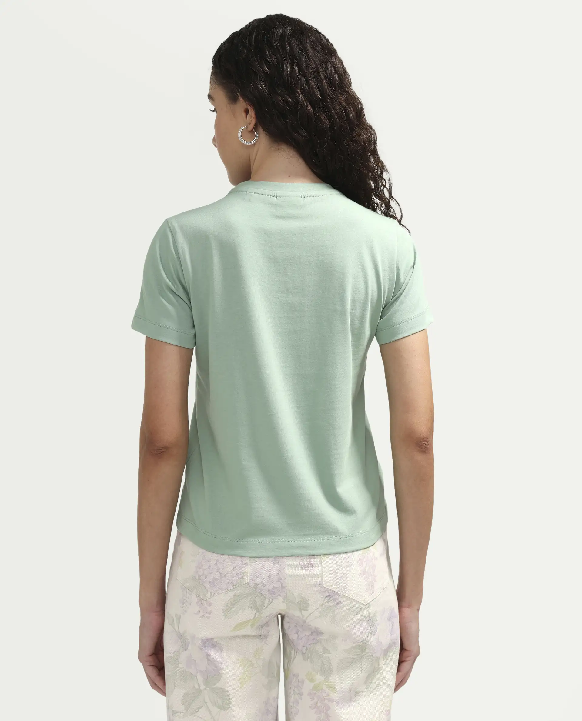 Rareism Women's Zexer Light Green Cotton Crew Neck Pull-On Regular Floral Print T-Shirt - Image 7