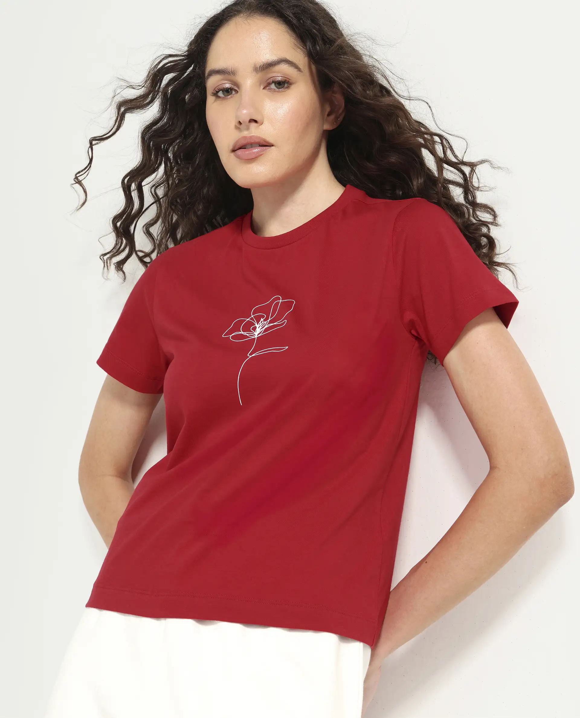 Rareism Women's Zexer Red Cotton Crew Neck Pull-On Regular Floral Print T-Shirt - Image 2
