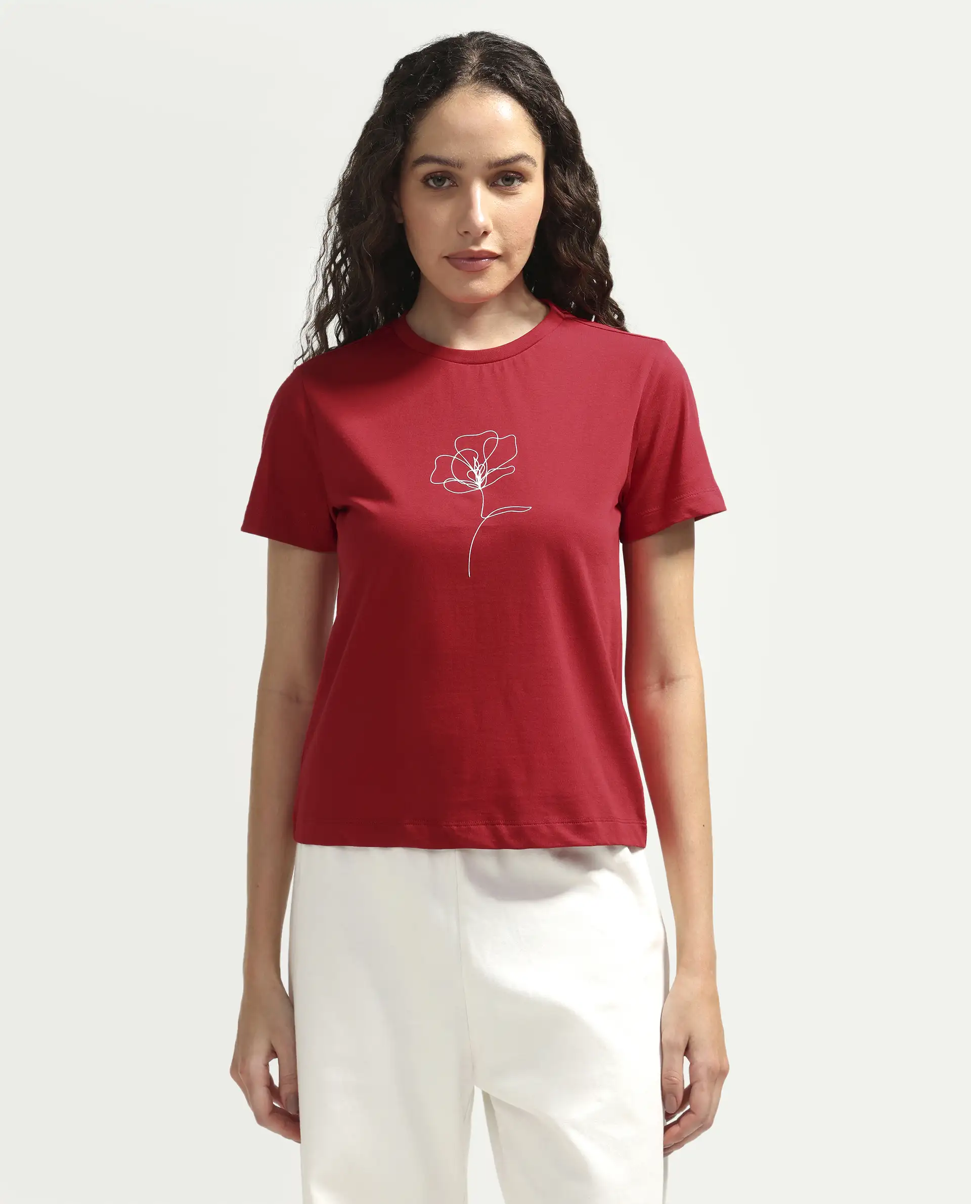 Rareism Women's Zexer Red Cotton Crew Neck Pull-On Regular Floral Print T-Shirt - Image 3