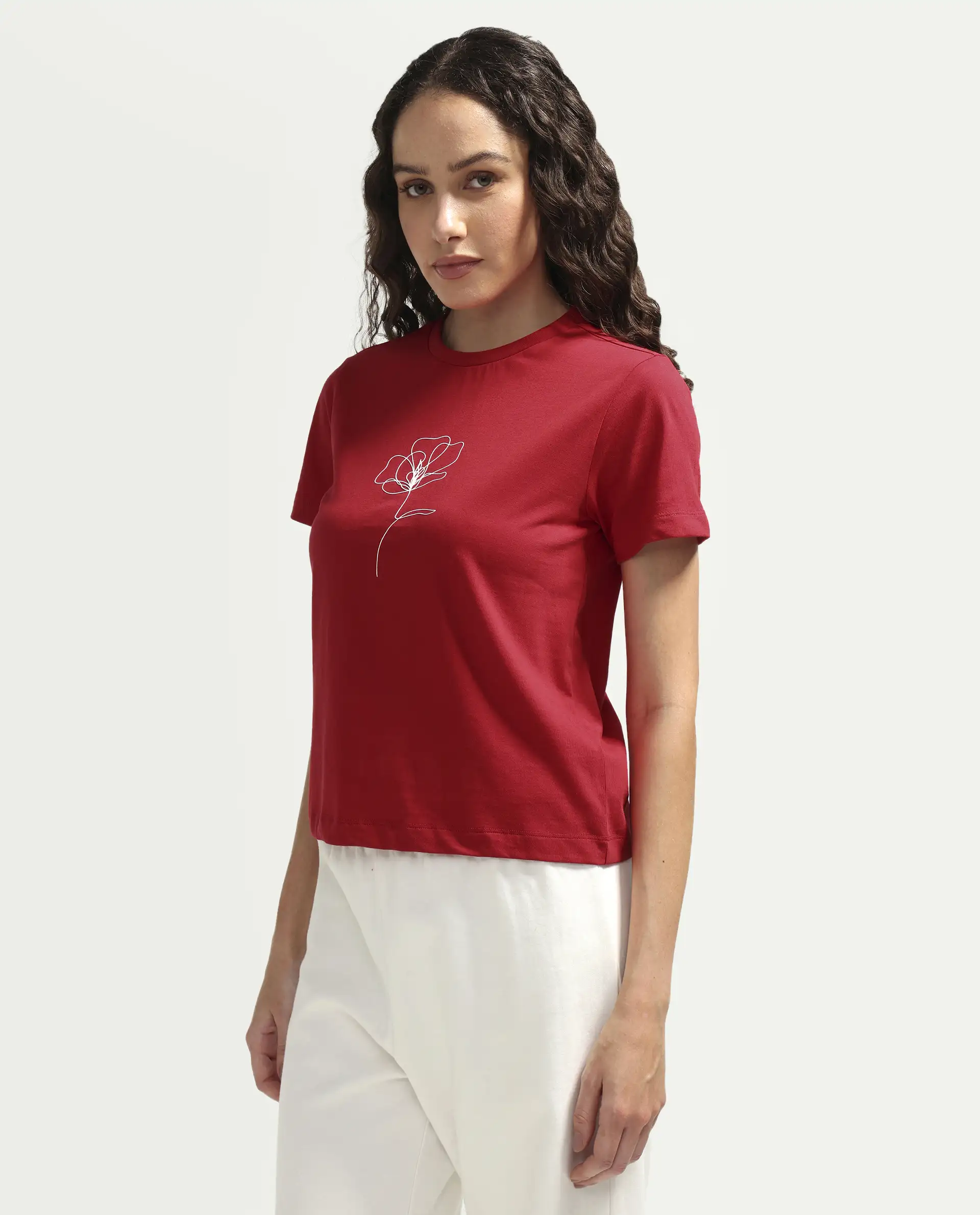 Rareism Women's Zexer Red Cotton Crew Neck Pull-On Regular Floral Print T-Shirt - Image 5
