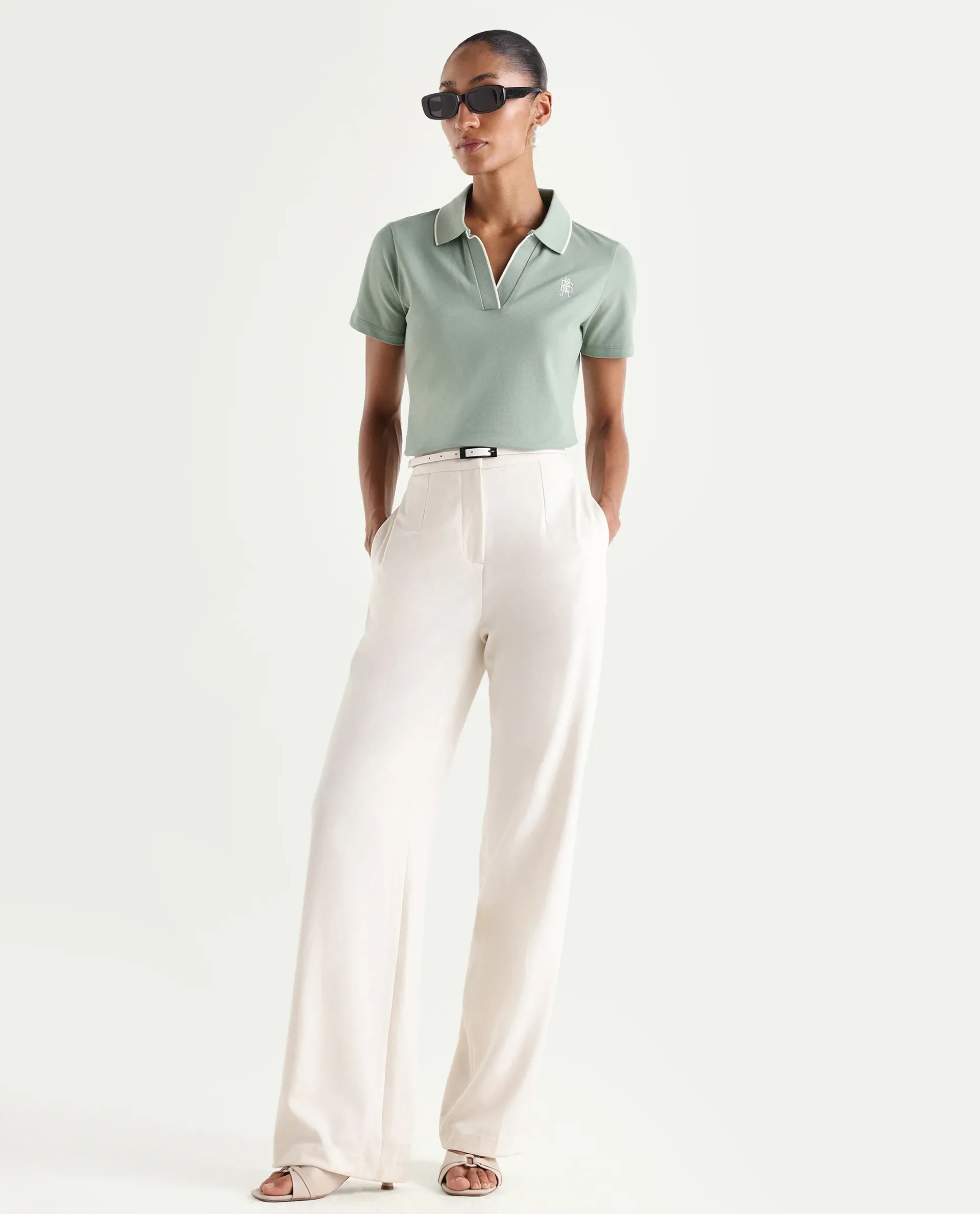 Rareism Women's Zeya Light Green Cotton Blend Half Sleeve Regular Fit Plain Polo - Image 2
