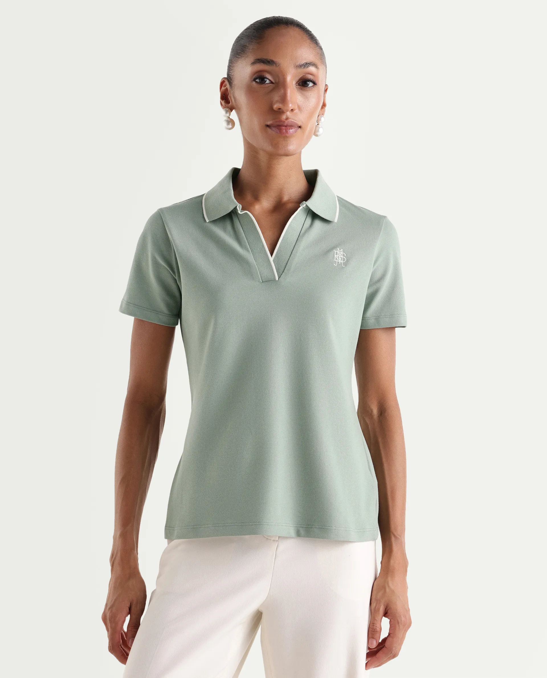 Rareism Women's Zeya Light Green Cotton Blend Half Sleeve Regular Fit Plain Polo - Image 5